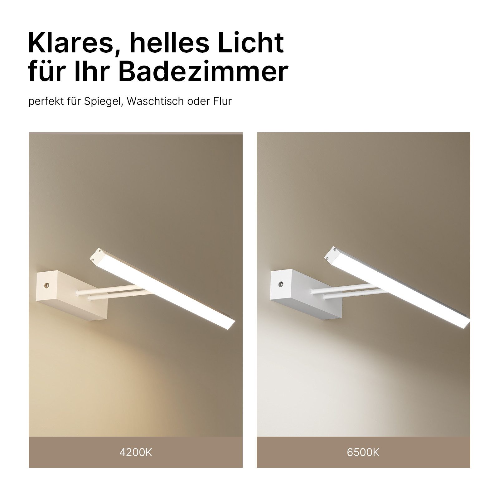 EMKE LED Spiegelleuchte Wandleuchte 40cm drehbar Badezimmer, LED fest integriert, Kaltweiß, Neutralweiß, IP44 Wasserdihct 4200K/6500K Kaltweiß Neutralweiß Licht
