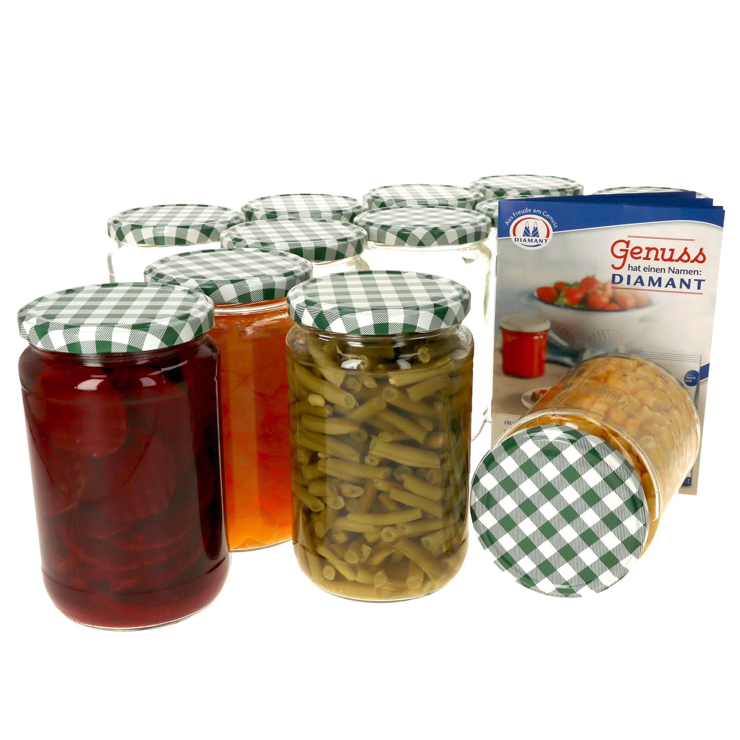 MamboCat Einmachglas 12er Set Rundglas 720 ml To 82 grün karierter Deckel incl. Rezeptheft, Glas