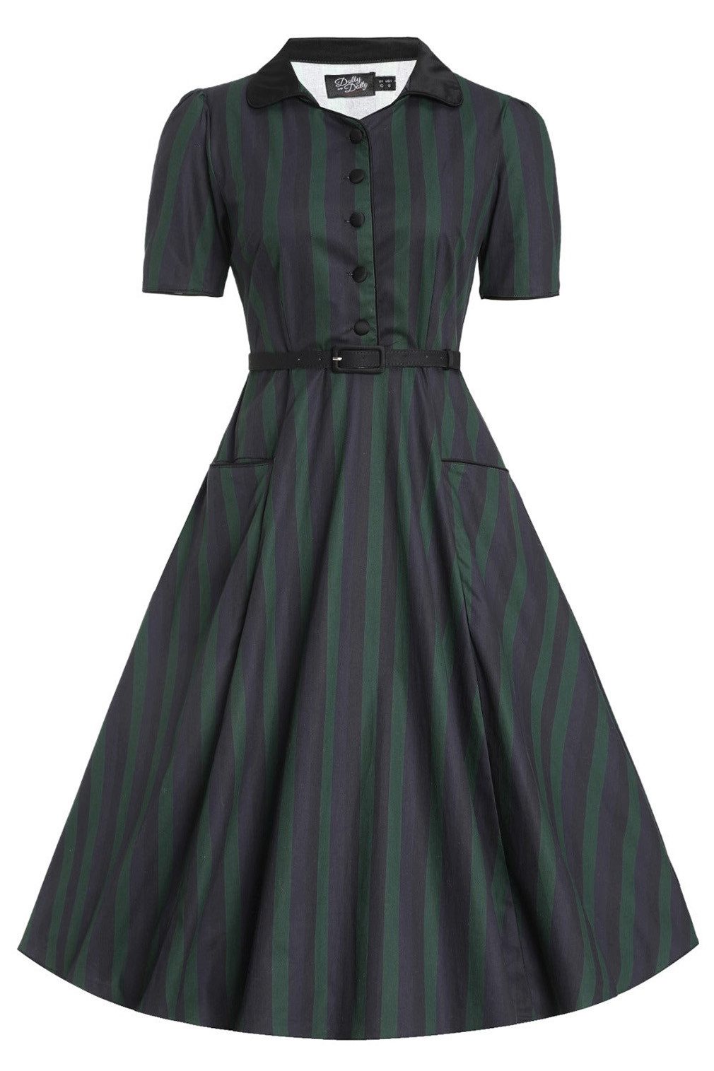 Dolly and Dotty A-Linien-Kleid Penelope 50s Shirt Dress Black Green Stripes günstig online kaufen