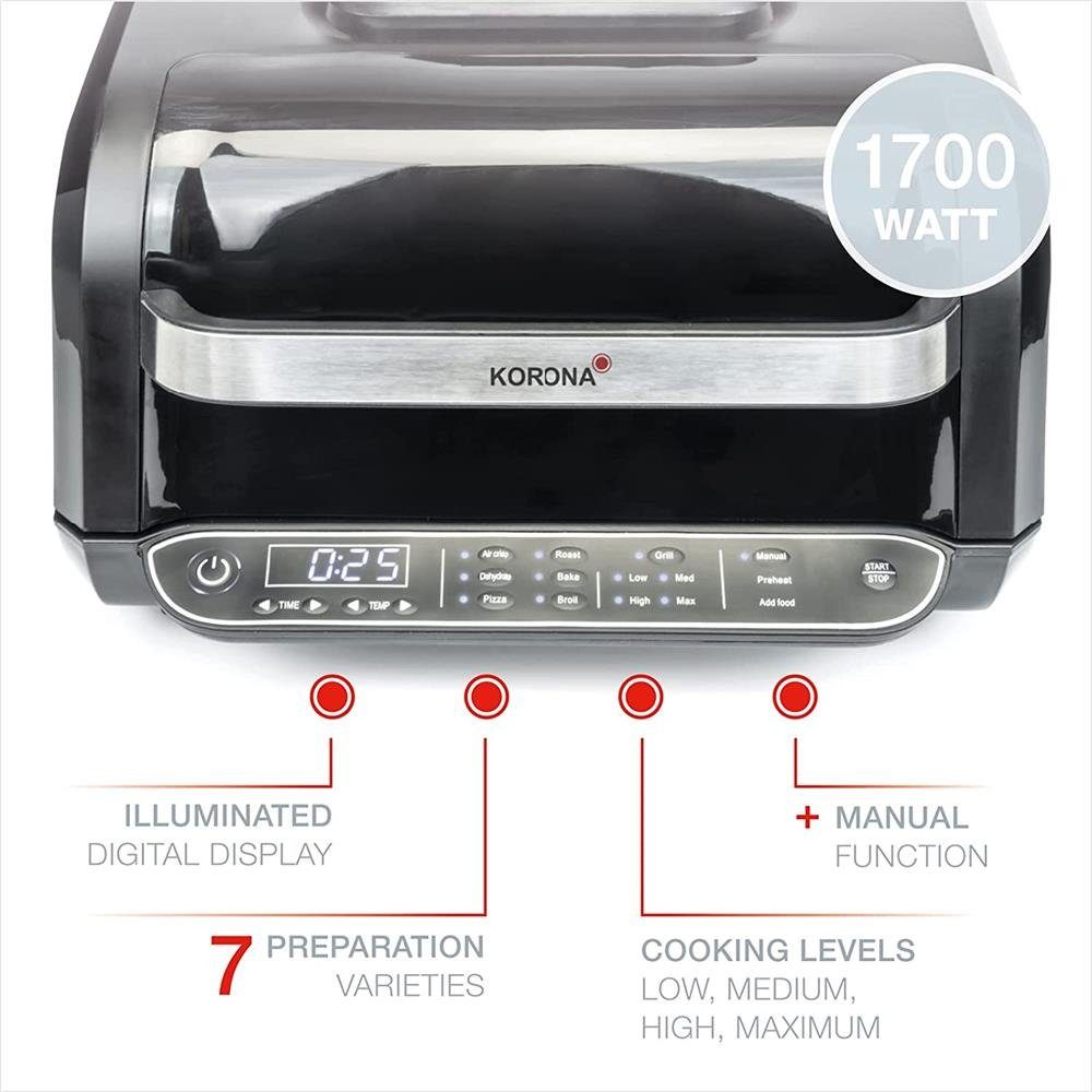 KORONA Kombigrill 46160 8 in 1 Multifunktionsgrill Camping, Heißluftfritteuse, Pizzaofen, Minibackofen, Airfryer, Dörrautomat