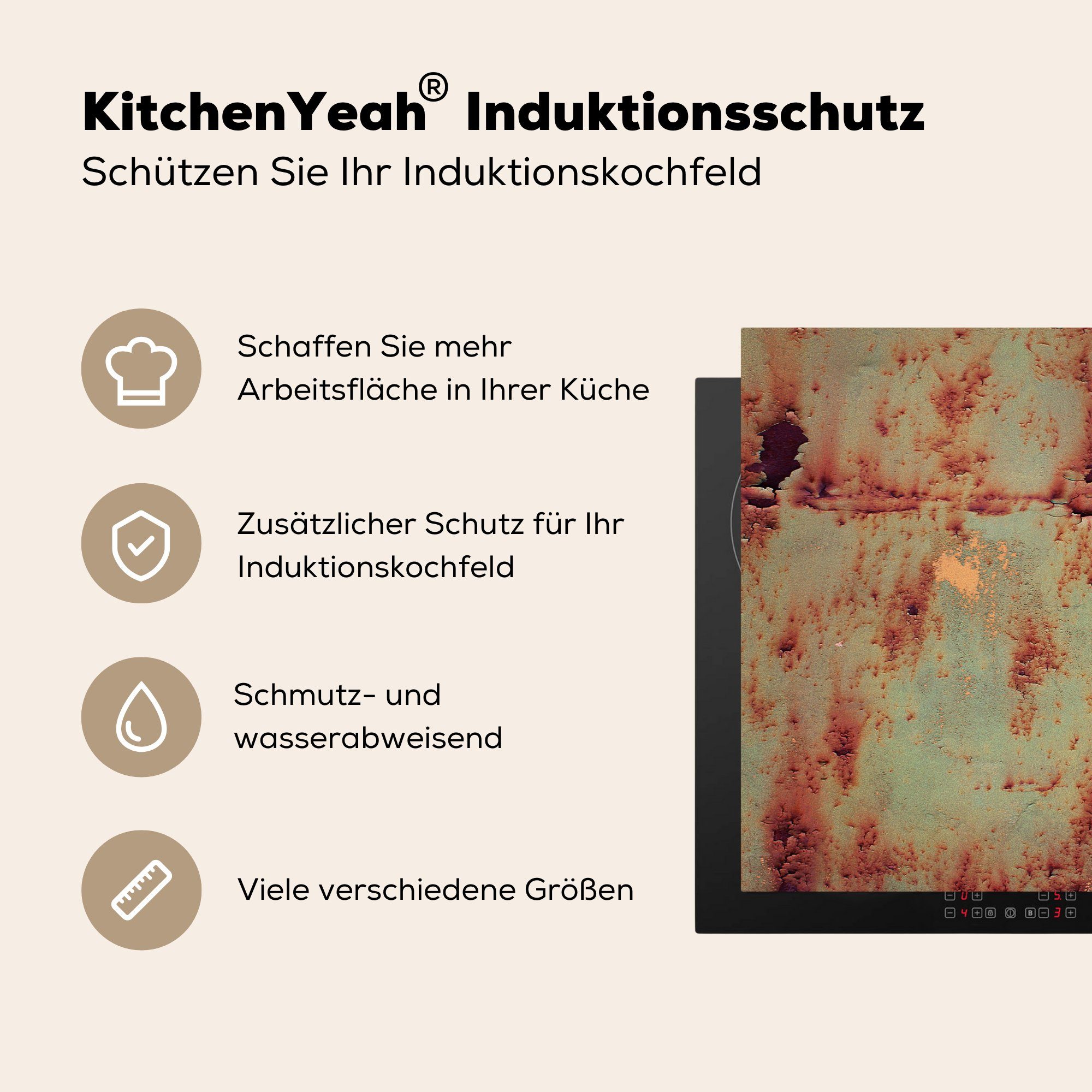 Dekoration - Induktionsherd, 58x51 Induktionskochfeld tlg), - Vintage MuchoWow Küchen für cm, (1 Vinyl, Eisen, Herdblende-/Abdeckplatte Rost