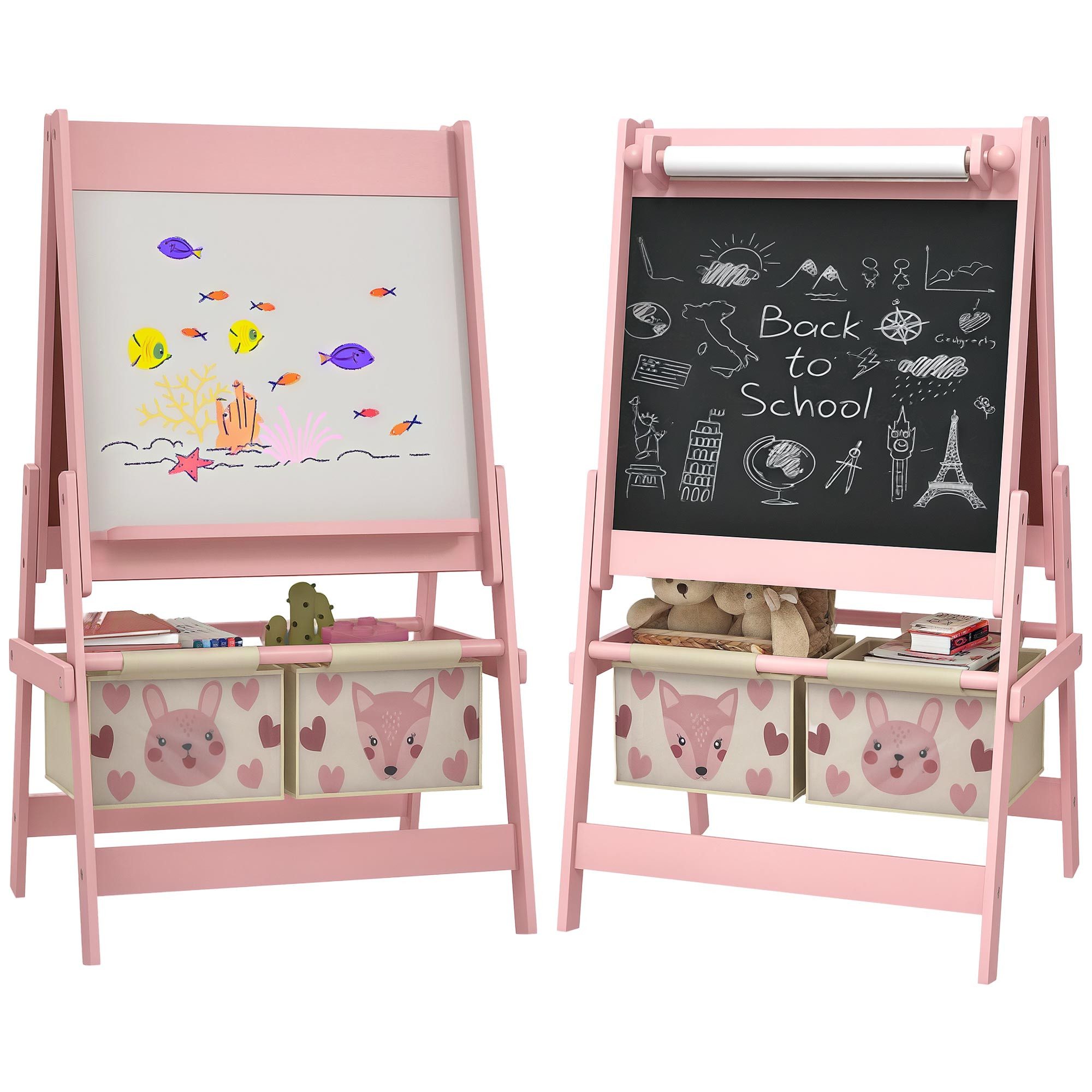 AIYAPLAY Tafel Staffelei Kindertafel Whiteboard mit Papierrolle inkl. Zubehör, (Standtafel, 1-tlg., Kinder Spieltafel), Rosa 54 x 46,5 x 93 cm