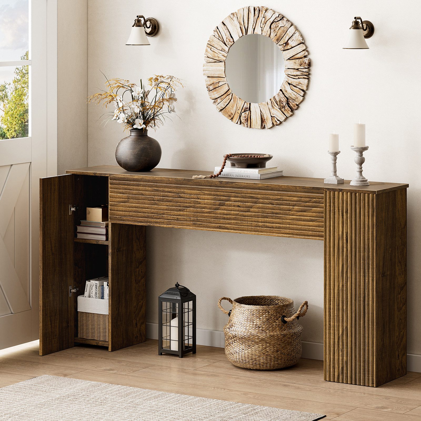 FABATO Beistelltisch 155 cm gewellte Konsole mit 2 versteckten Stauraumfächern (1-St), Einstiegs- & Flurtisch für Wohnzimmer, Diele oder Foyer – Bild 2 von 5