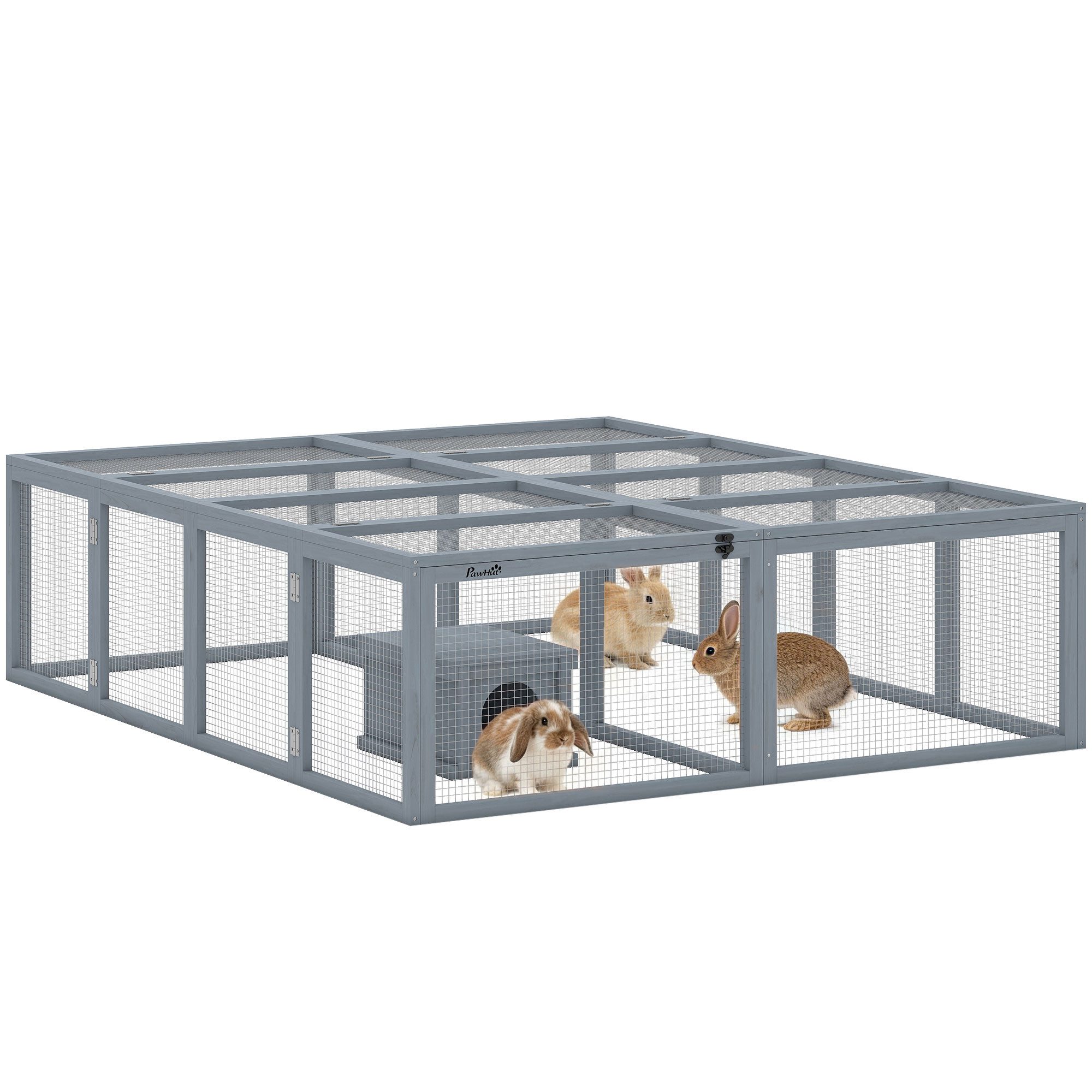 PawHut Kleintierstall Freilaufgehege Kaninchenstall aus Holz mit 2 Türen, für 2-4 Zwergkaninchen Zwergmeerschweinchen 180,4 x 150 x 48 cm Grau