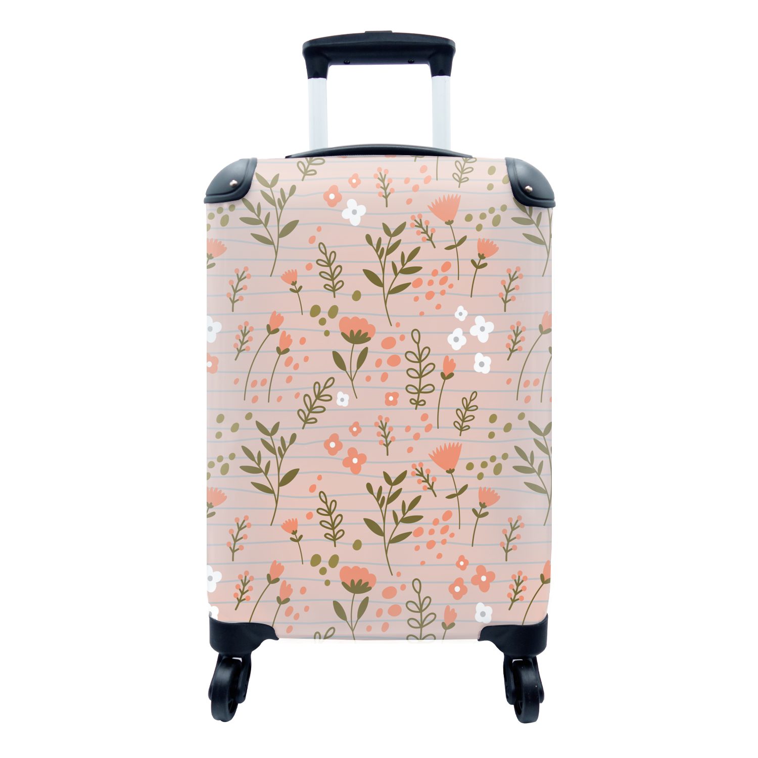 MuchoWow Handgepäckkoffer Illustration mit Blumen und Pflanzen auf einem rosa Hintergrund, 4 Rollen, Reisetasche mit rollen, Handgepäck für Ferien, Trolley, Reisekoffer | Handgepäck-Koffer
