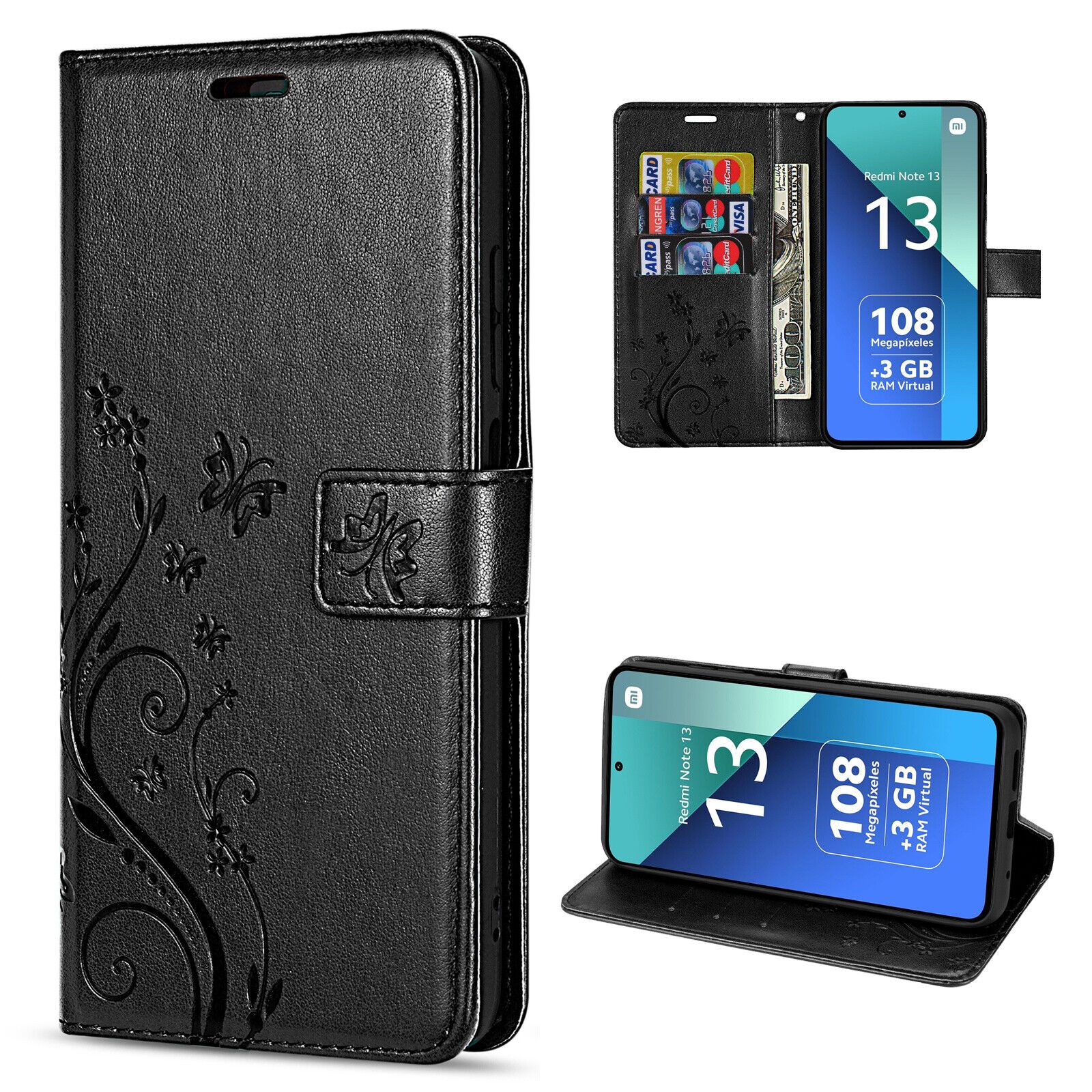 betterfon Handyhülle Handytasche für Xiaomi Redmi Note 13 4G Klapphülle, Bookstyle-Hülle: Magnetverschluss 3 Kartenfächer & Standfunktion
