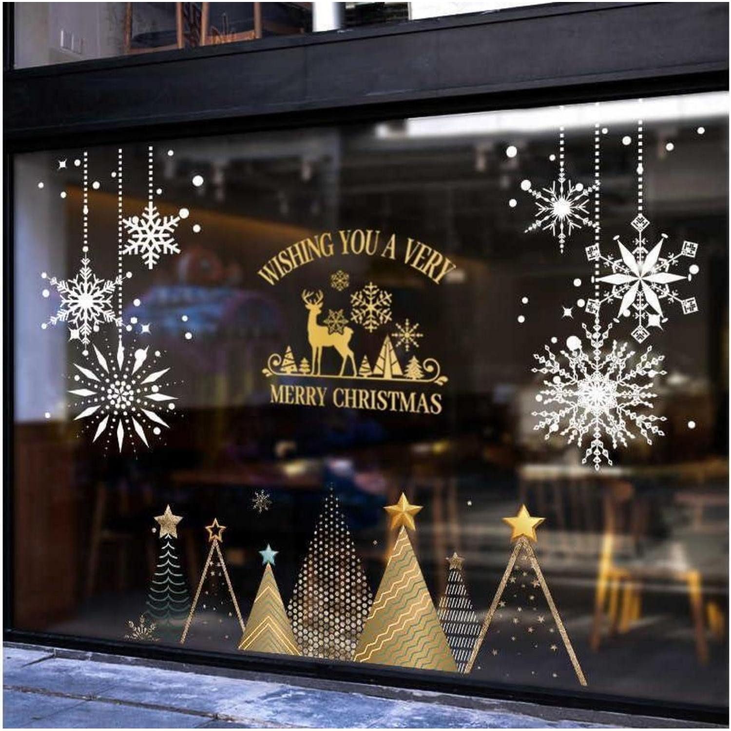 LuxusKollektion Fensterbild Fensterbilder Weihnachten Rentier Schneeflocken Weiss Gold