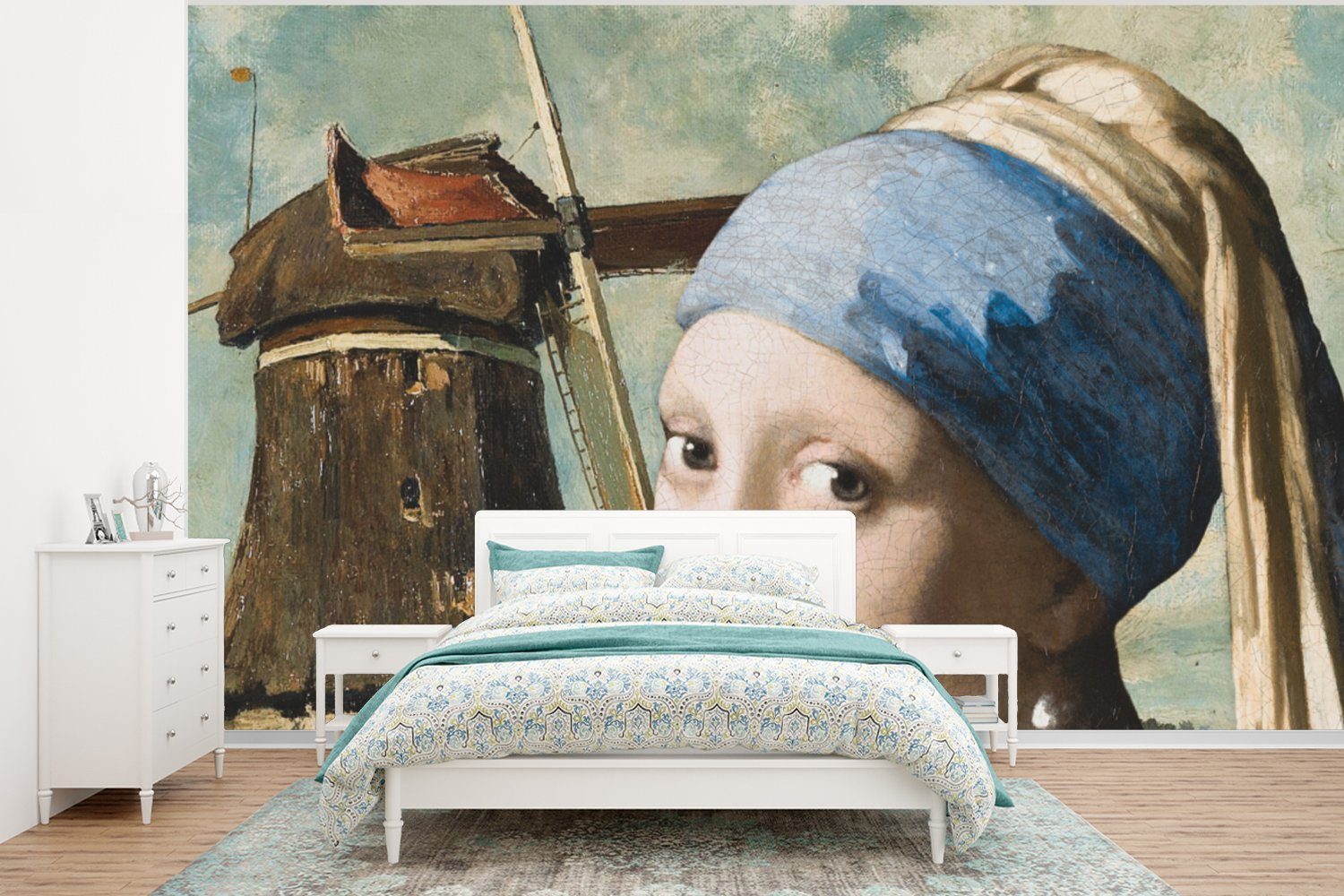 MuchoWow Fototapete Das Mädchen mit dem Perlenohrring - Mühle - Vermeer, Matt, bedruckt, (6 St), Wallpaper für Wohnzimmer, Schlafzimmer, Kinderzimmer, Vinyl Tapete