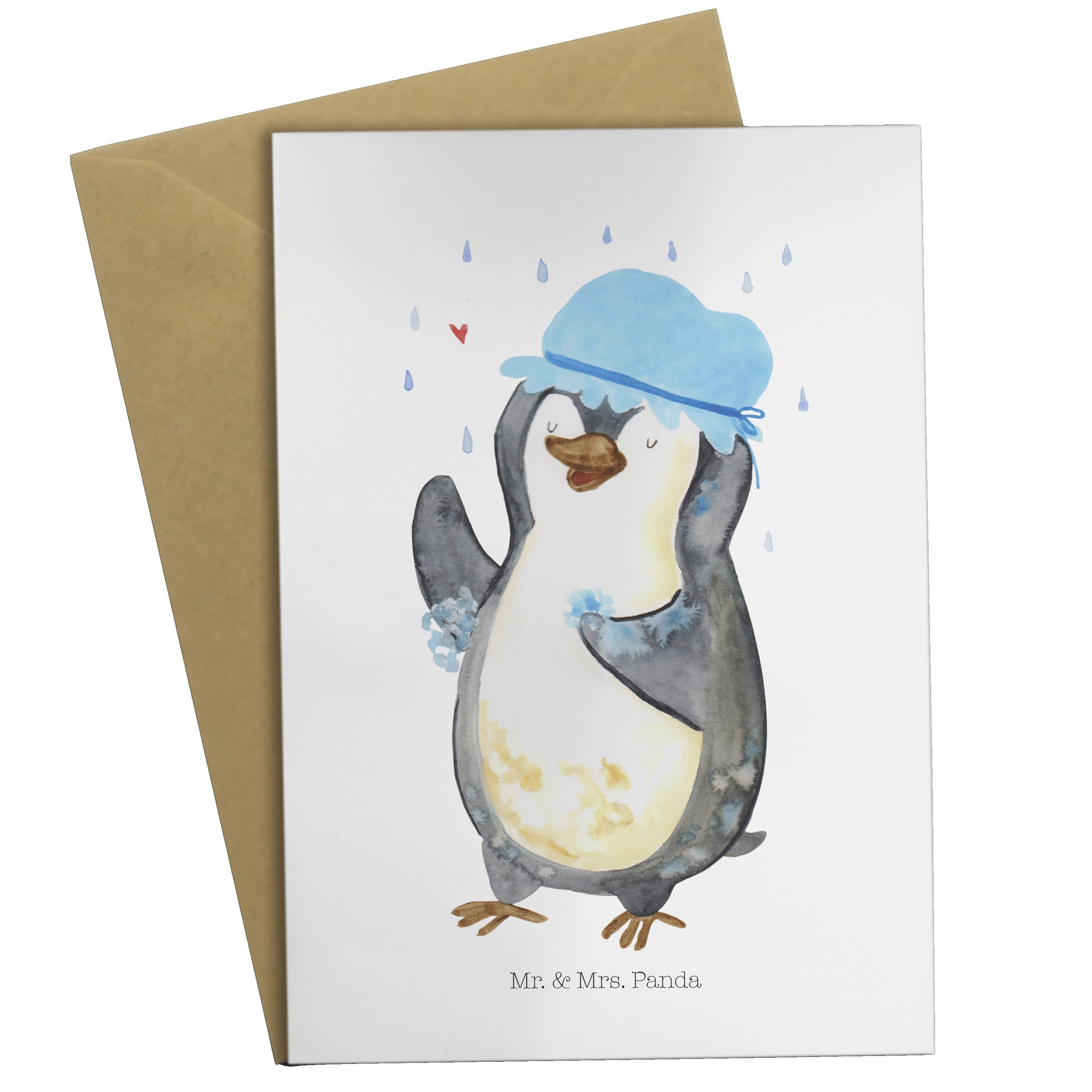 Mr. & Mrs. Panda Grußkarte Pinguin duscht - Weiß - Geschenk, baden, Duschkonzert, Karte, Einladu