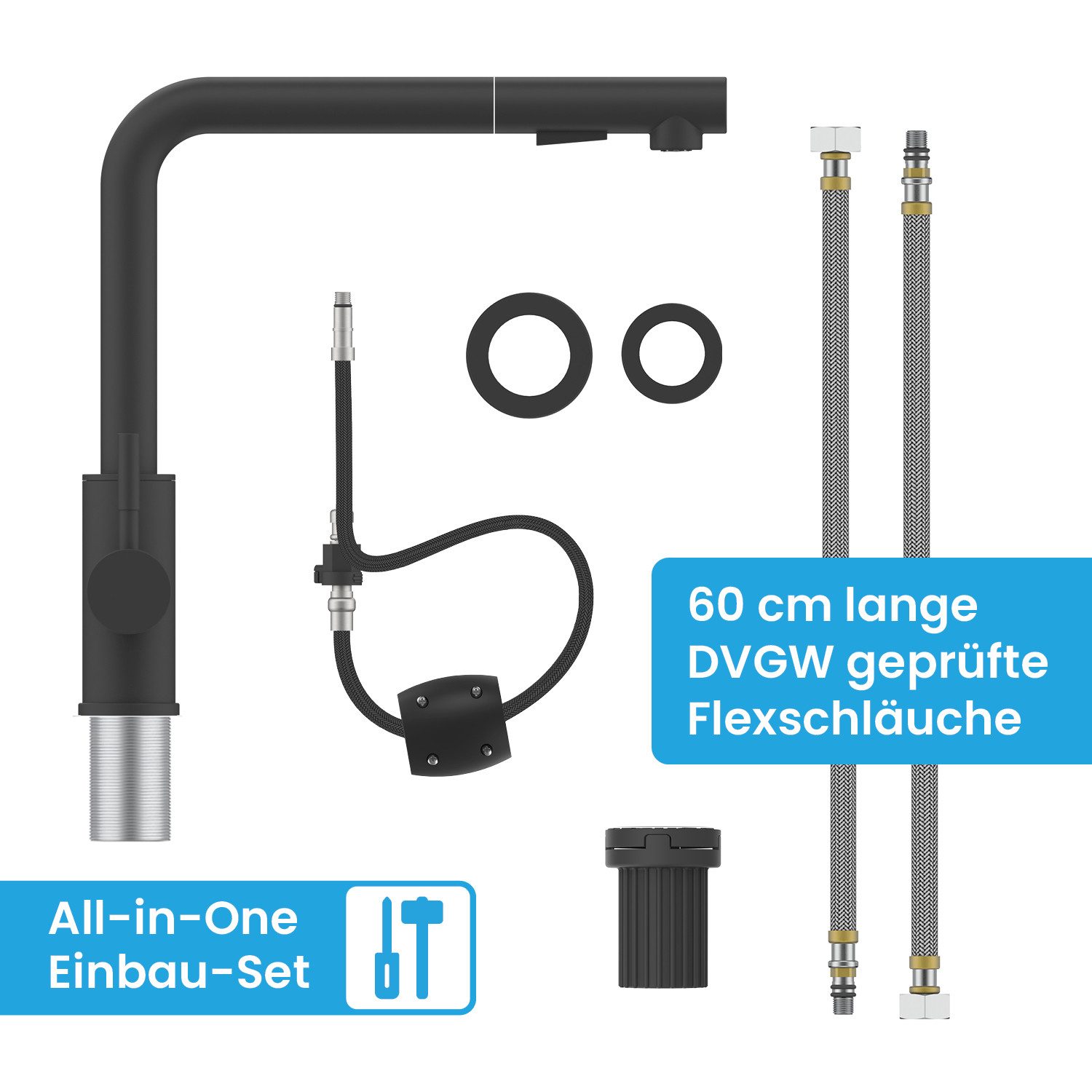 Bächlein Spültischarmatur Elegante Küchenarmatur Varvaro (Schwarz-matt) hochwertige Designarmatur mit ausziehbarer Wasserbrause – Bild 5 von 5