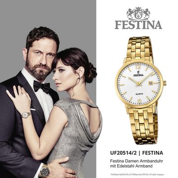 Festina Quarzuhr Festina Elegant Damen Uhr F20514/2 Stahl, (Analoguhr), Damen Armbanduhr rund, Edelstahlarmband gold, Elegant