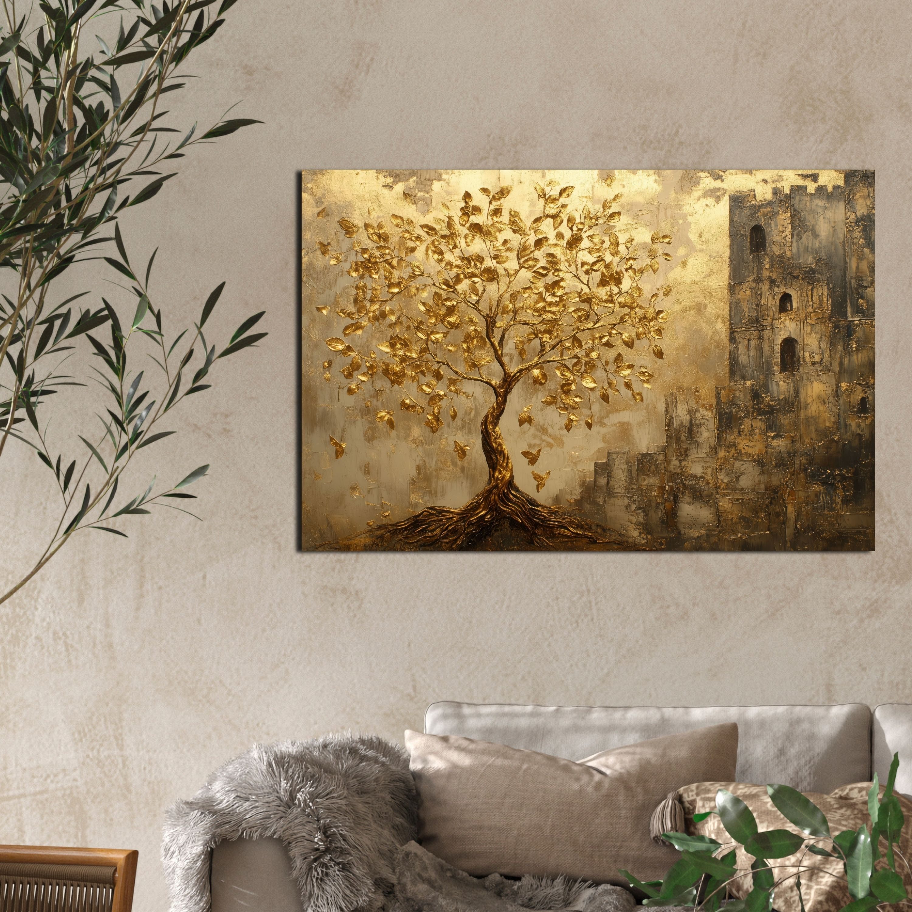 DARO Design Leinwandbild Modern Abstrakt Wandbilder XXL Wandbild Wand Deko Leinwand Bilder, (Baum goldene Blätter- Bild groß Wohnzimmer Schlafzimmer Küche Esszi – Bild 4 von 5