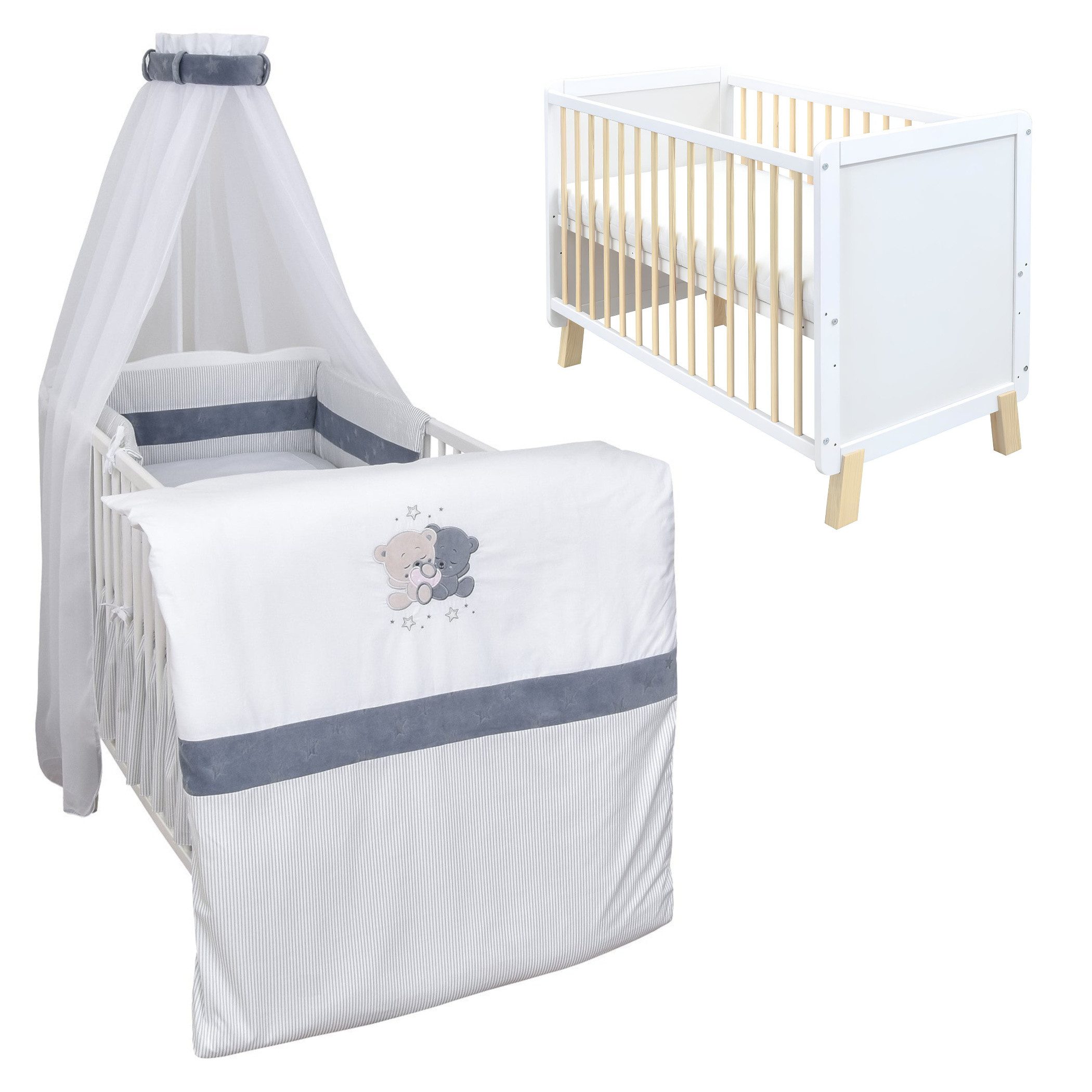 Komplettbett Babybett Lou Komplettset Weiß Natur