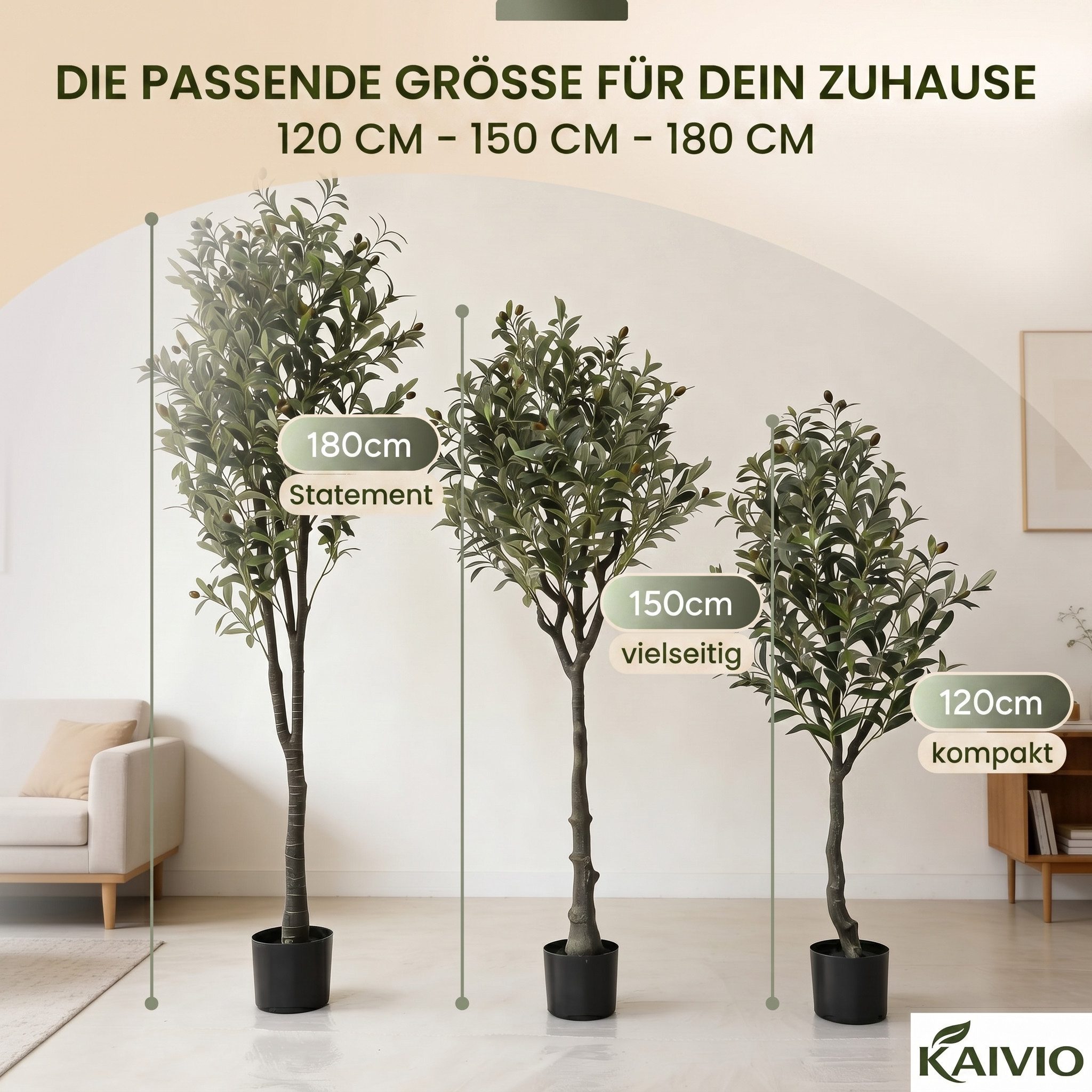 Kunstbaum KAIVIO Künstlicher Olivenbaum 150 cm Deluxe, Kaivio, Höhe 150 cm, Naturgetreue Optik mit 1080 Blättern und 60 Oliven – Bild 4 von 5