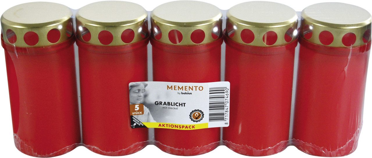 Bolsius Grabkerze Bolsius Dauerbrenner mit Deckel 5er Packung rot