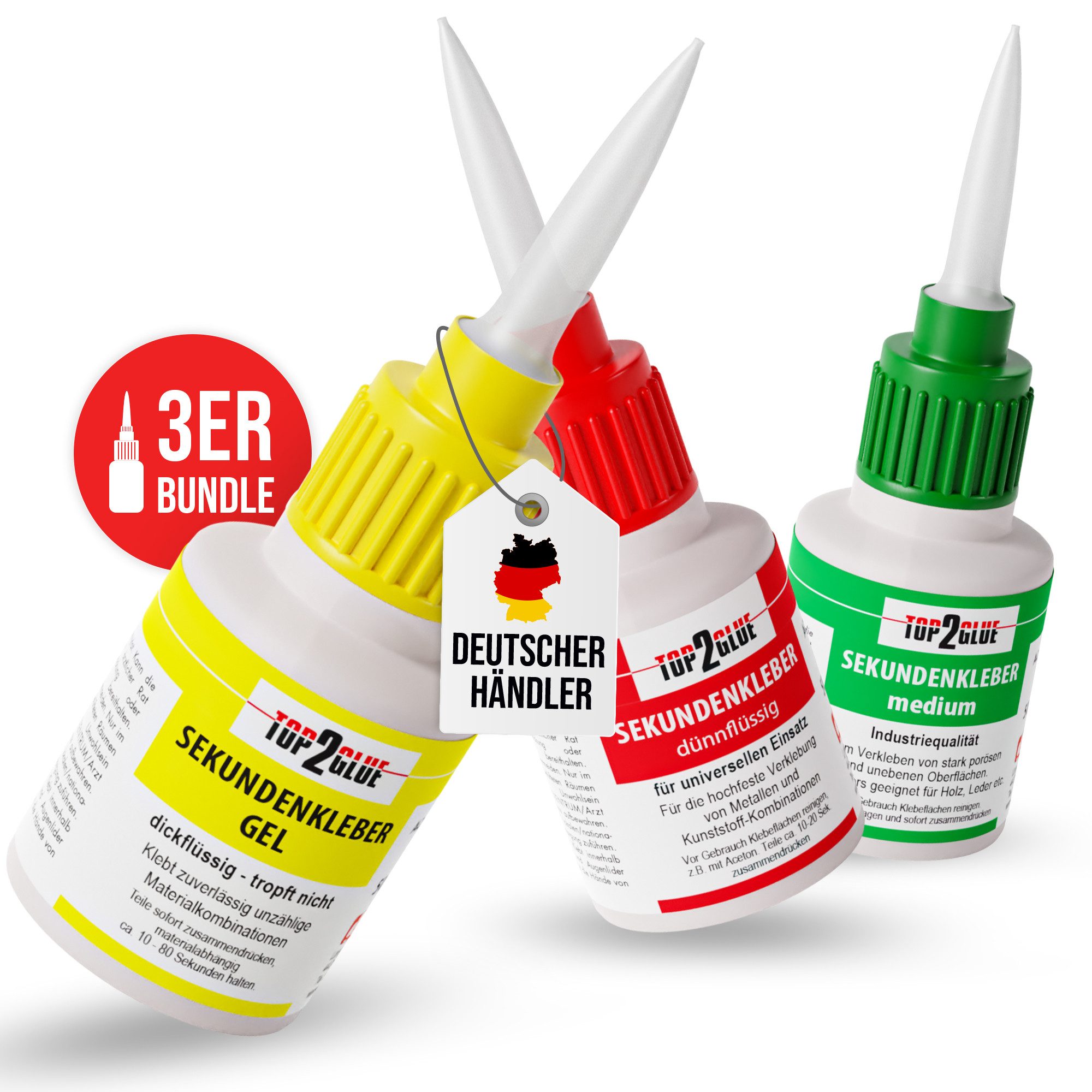 Top2Glue Sekundenkleber Top2Glue 3er Set Sekundenkleber, extra stark, diverse Viskositäten, (1-tlg)