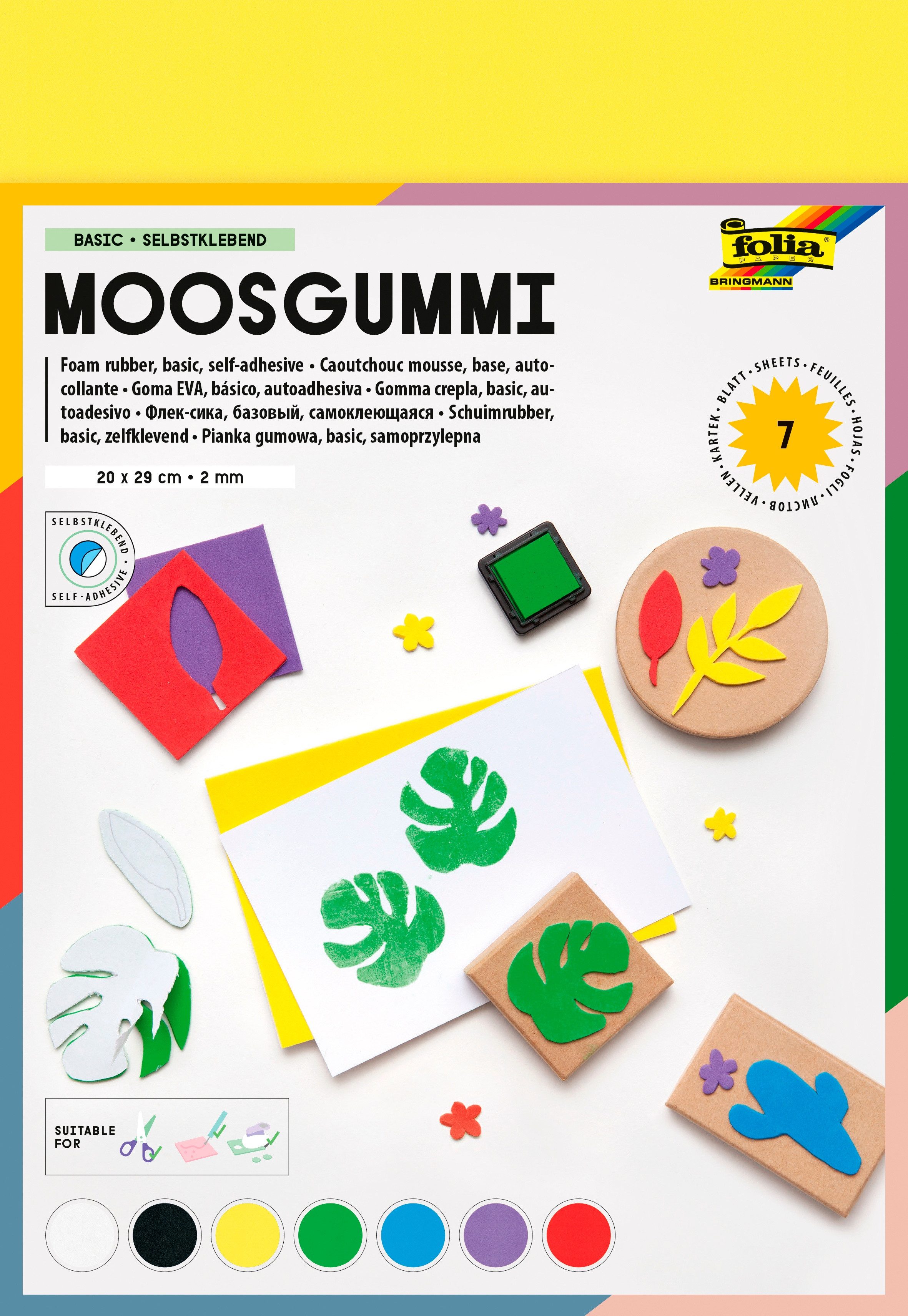 Folia Moosgummi Selbstklebendes Moosgummi, farbig sortiert, 7 Bogen