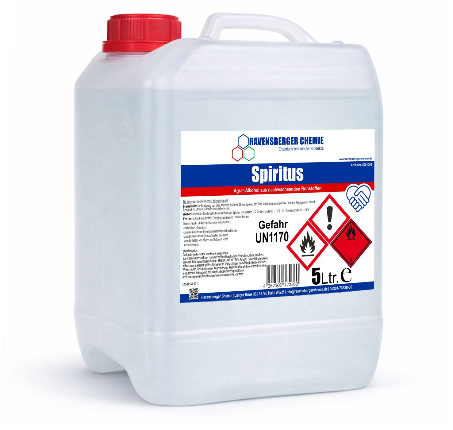 Ravensberger Chemie Brennspiritus Spiritus 5 Liter, 5 l, 5L Spiritus – Brennspiritus & Reiniger für Haushalt und Werkstatt