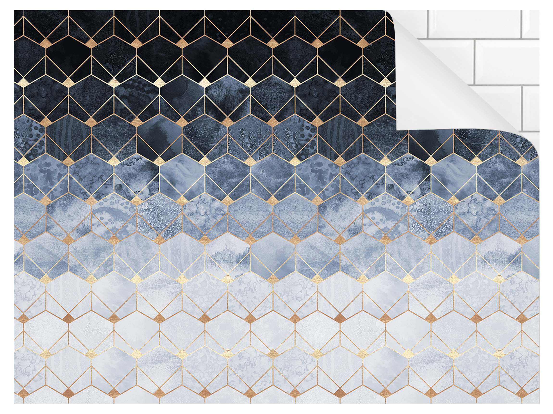Bilderdepot24 Badrückwand gold fugenlose Wandverkleidung Bad Abstrakt, (Hartfolie matt » Selbstklebend SMART 0,35 mm), wasserfestes Wandpaneel Blaue Geometrie goldenes Art Deco II