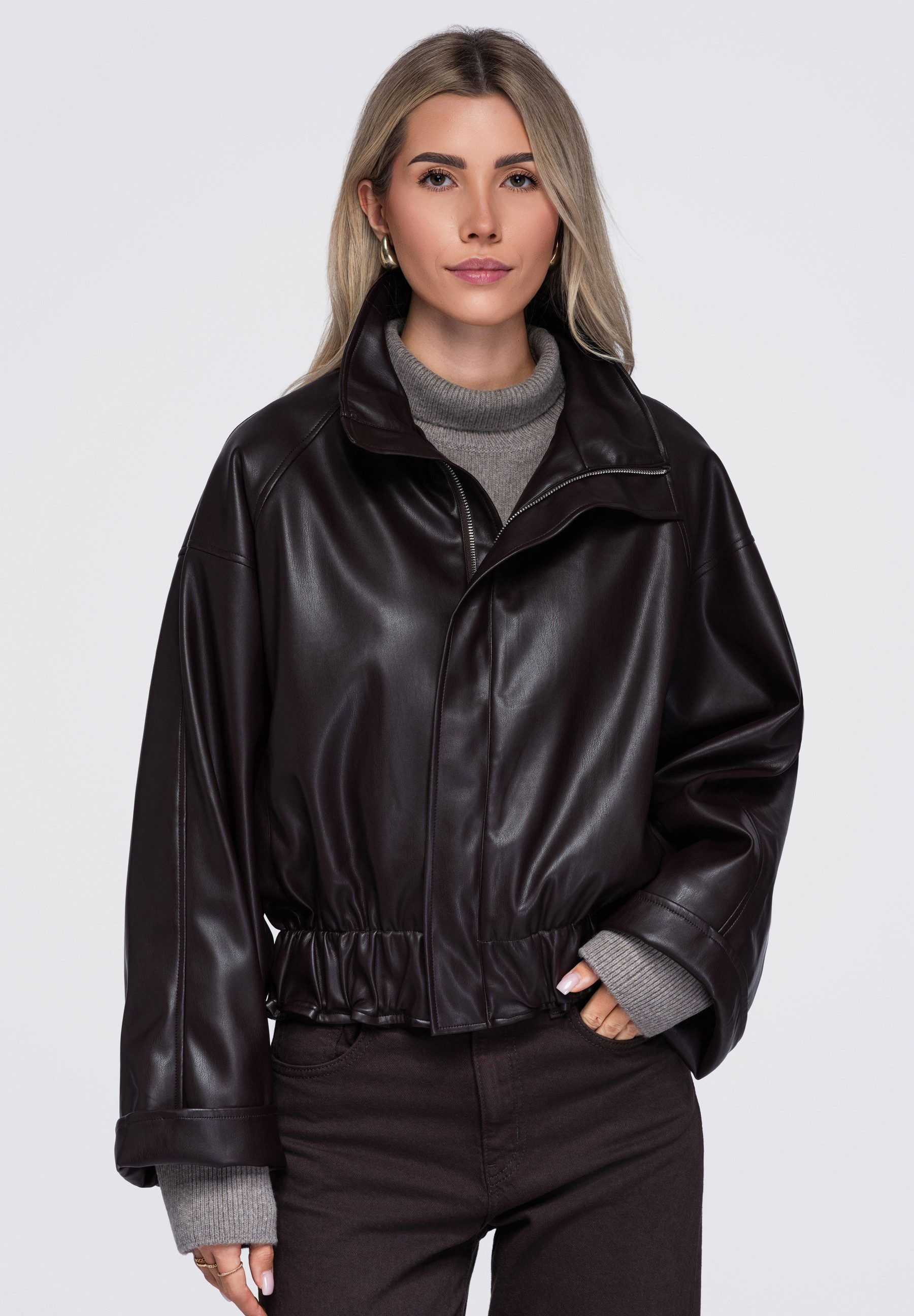 OMBRE Lederimitatjacke Damen Jacke mit hohem Kragen im Oversized Stil Braun L/XL (kein Set, 1-St) in Unifarbe