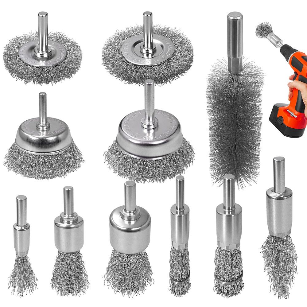 AFKSMILE Drahtbürste 11-Teilig Drahtbürste Set für Bohrmaschine Stahlbürste Rostentfernung, (11-tlg), Karbonstahl Scheibenbürsten Pinselbürste und Rohrbürste mit Rundschaft