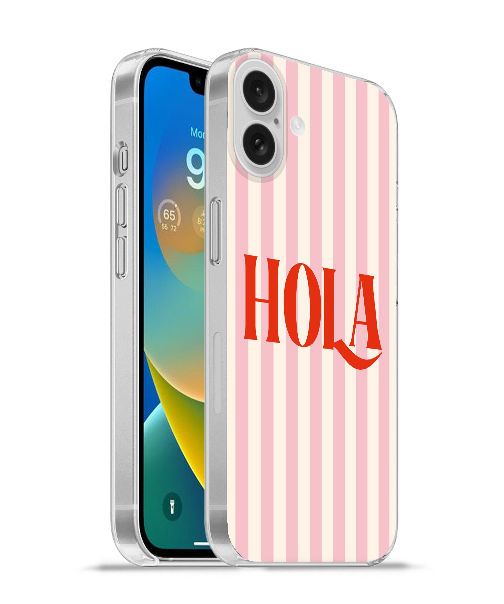 MuchoWow Handyhülle für Apple iPhone 16 Plus Hola - Zitat - Streifen - Pastell - Rosa - Ro, Smartphone-Bumper, Print, Handy Schutzhülle Dünn