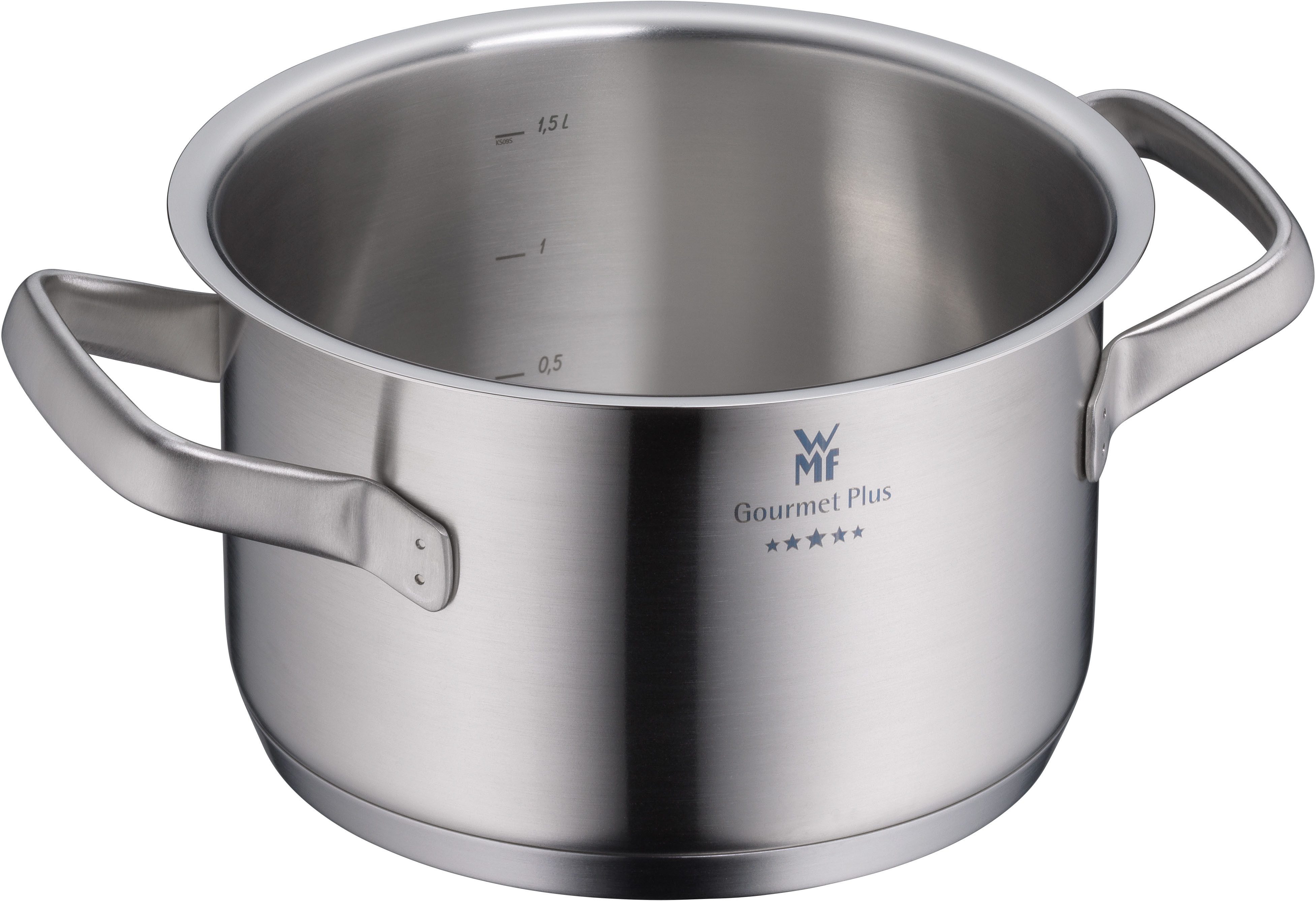 WMF Kochtopf Gourmet Plus, Cromargan® Edelstahl Rostfrei 18/10 (2-tlg), wärmeduzierende Hohlgriffe, Innenskalierung, breiter Schüttrand