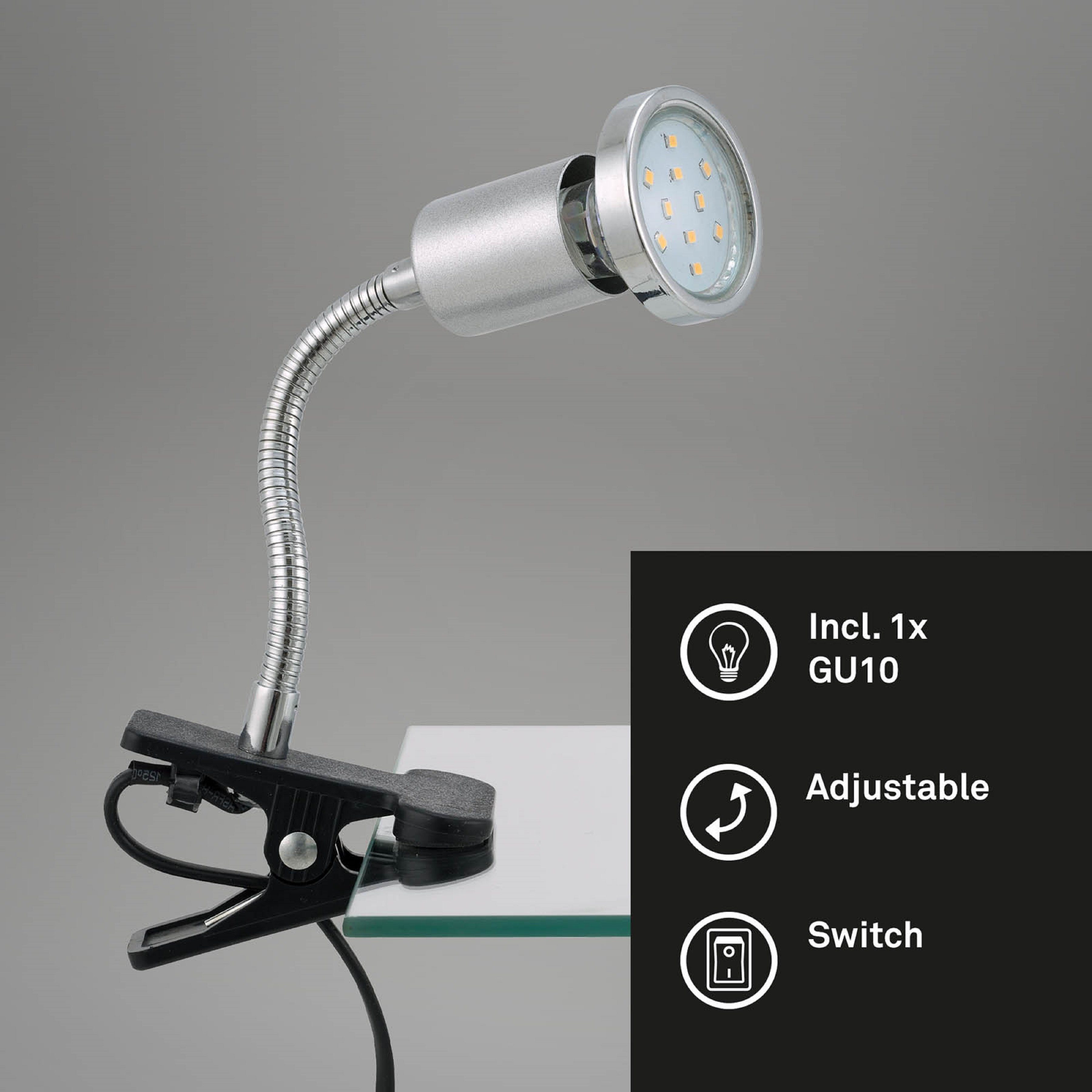 TRANGO LED Klemmleuchte, 2967 LED-Klemmleuchte, Tischlampe, Leseleuchte, Clip Lampe in Silber-Chrom-Optik Klemmspot, Nachtlicht, Schreibtischlampe inkl. 1x 3 Watt GU10, 3000K warmweiß LED-Leuchtmittel & Deko Chrom-Ring