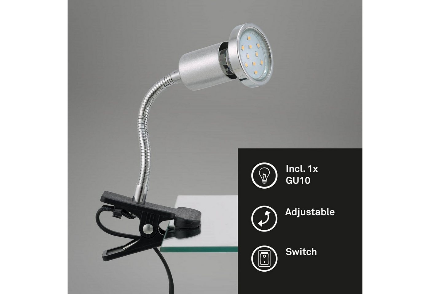 TRANGO LED Klemmleuchte, 2967 LED-Klemmleuchte, Tischlampe, Leseleuchte, Clip Lampe in Silber-Chrom-Optik Klemmspot, Nachtlicht, Schreibtischlampe inkl. 1x 3 Watt GU10, 3000K warmweiß LED-Leuchtmittel & Deko Chrom-Ring
