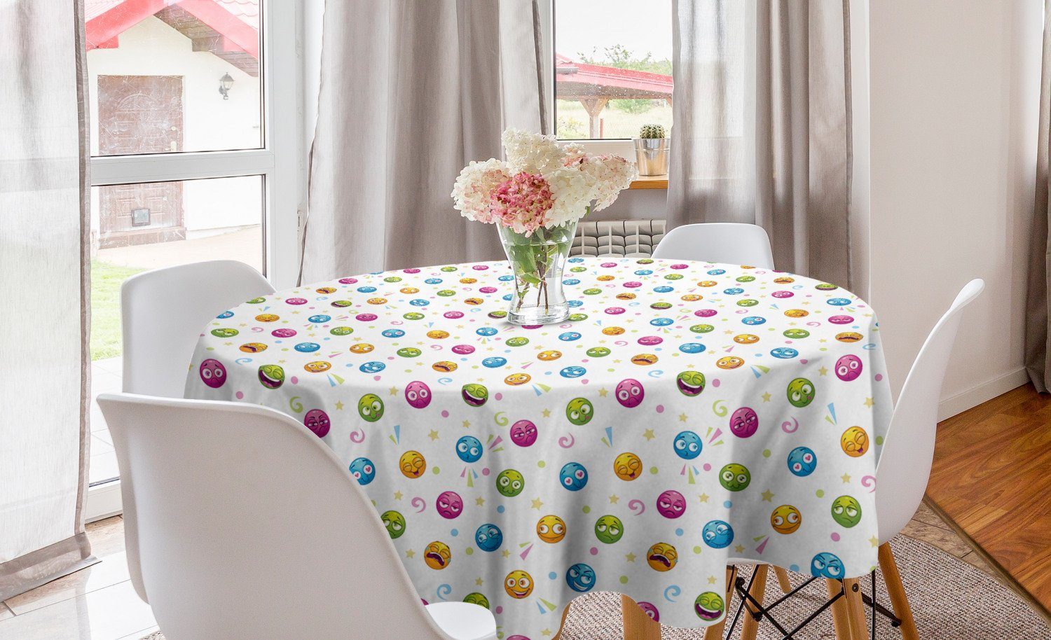 Verkauf Abakuhaus Tischdecke Küche Abdeckung emoji Runde Esszimmer Fun Dekoration, für Tischdecke Bunte Gesichter Kreis