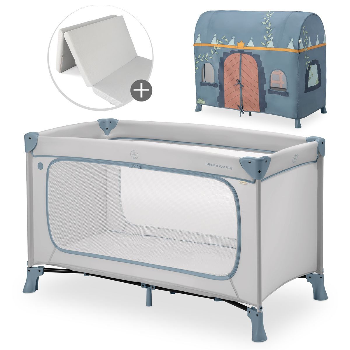 Hauck Dream N Play Plus Set - Dusty Blue, Baby Kinderreisebett mit großem Eingang, Matratze & Spielzelt faltbar