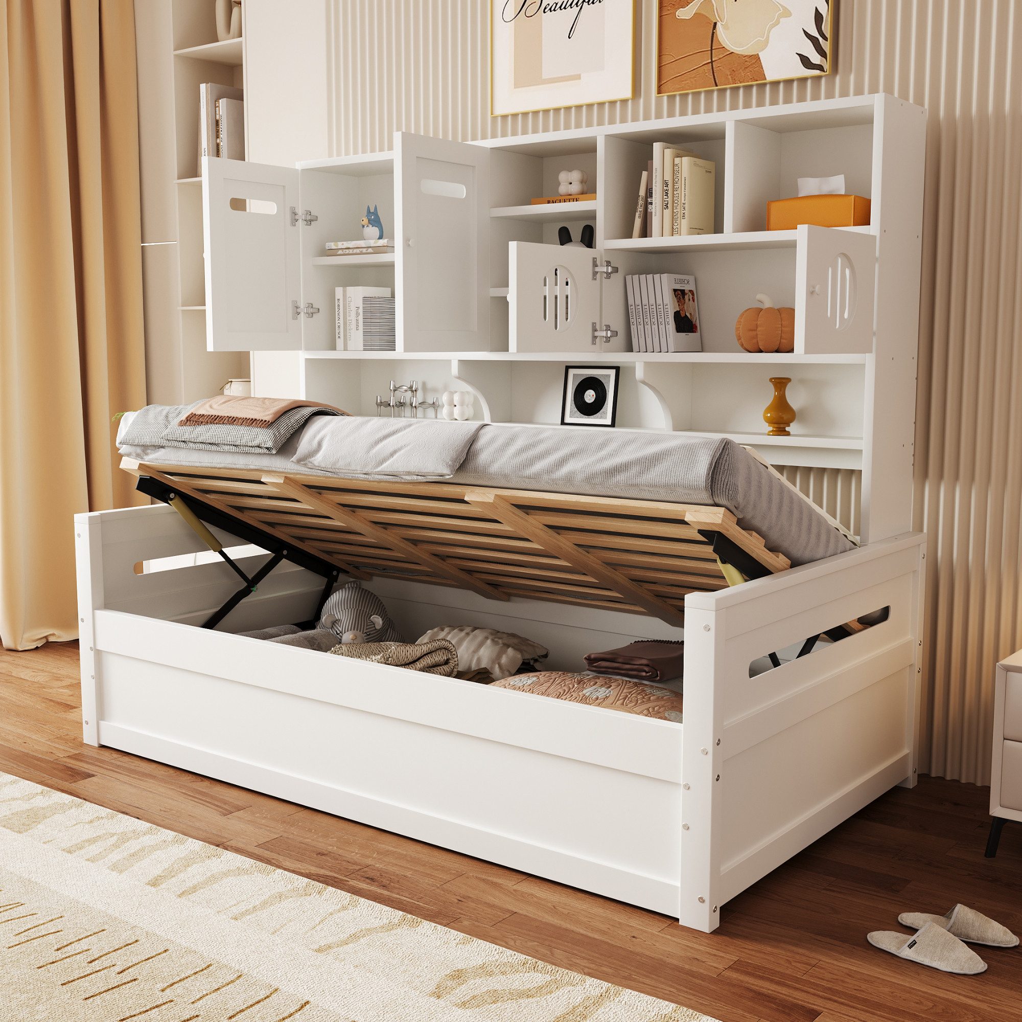 Odikalo Schlafsofa Schlafcouch Bettgestell mit Bettkästen oder Schubladen, 90x200, Holzsofa-Bett 90 x 200 cm, multifunktionaler Stauraum, große Schublade, Einzelbett, Jugendbett, Lattenrost, grau (Ohne Matratze), für Kinder, mit Ablageböden und Bettkasten oder Schubladen
