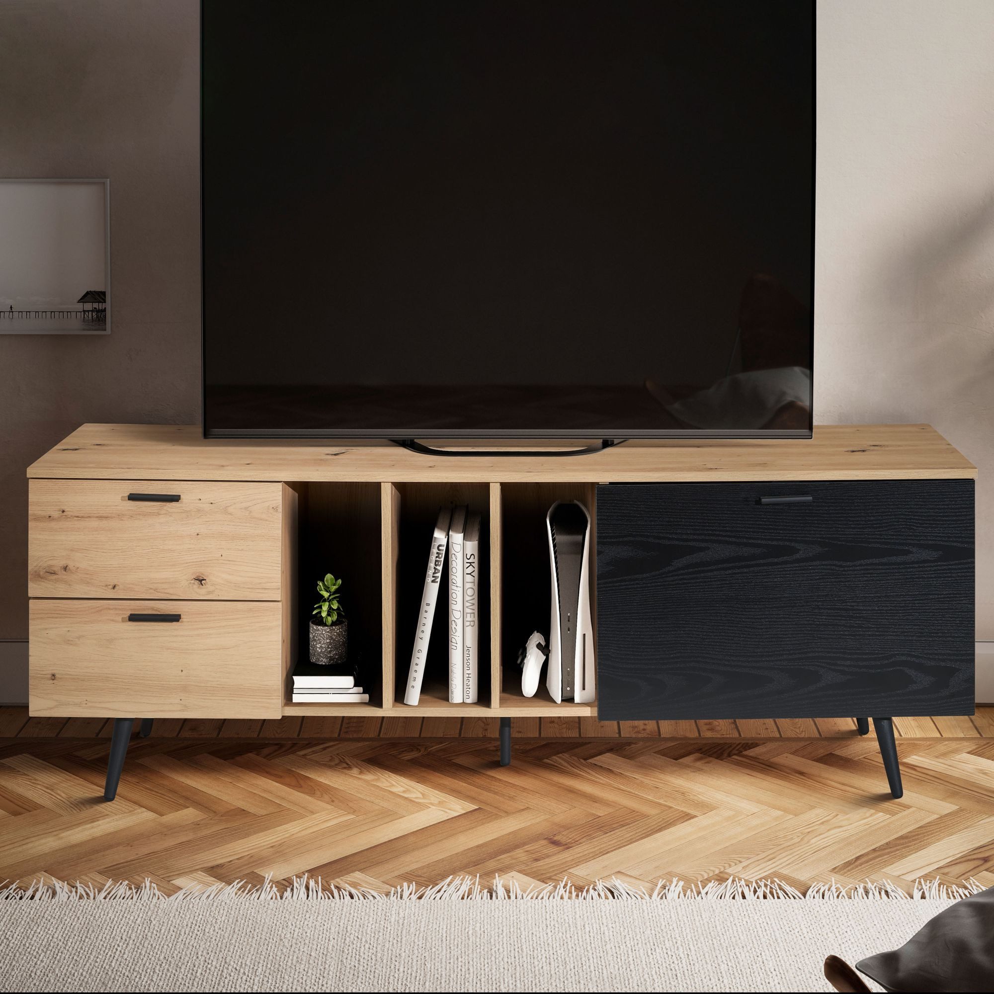 FINEBUY Lowboard FB56056 (zwei Schubladen, 150x55x40 günstig online kaufen