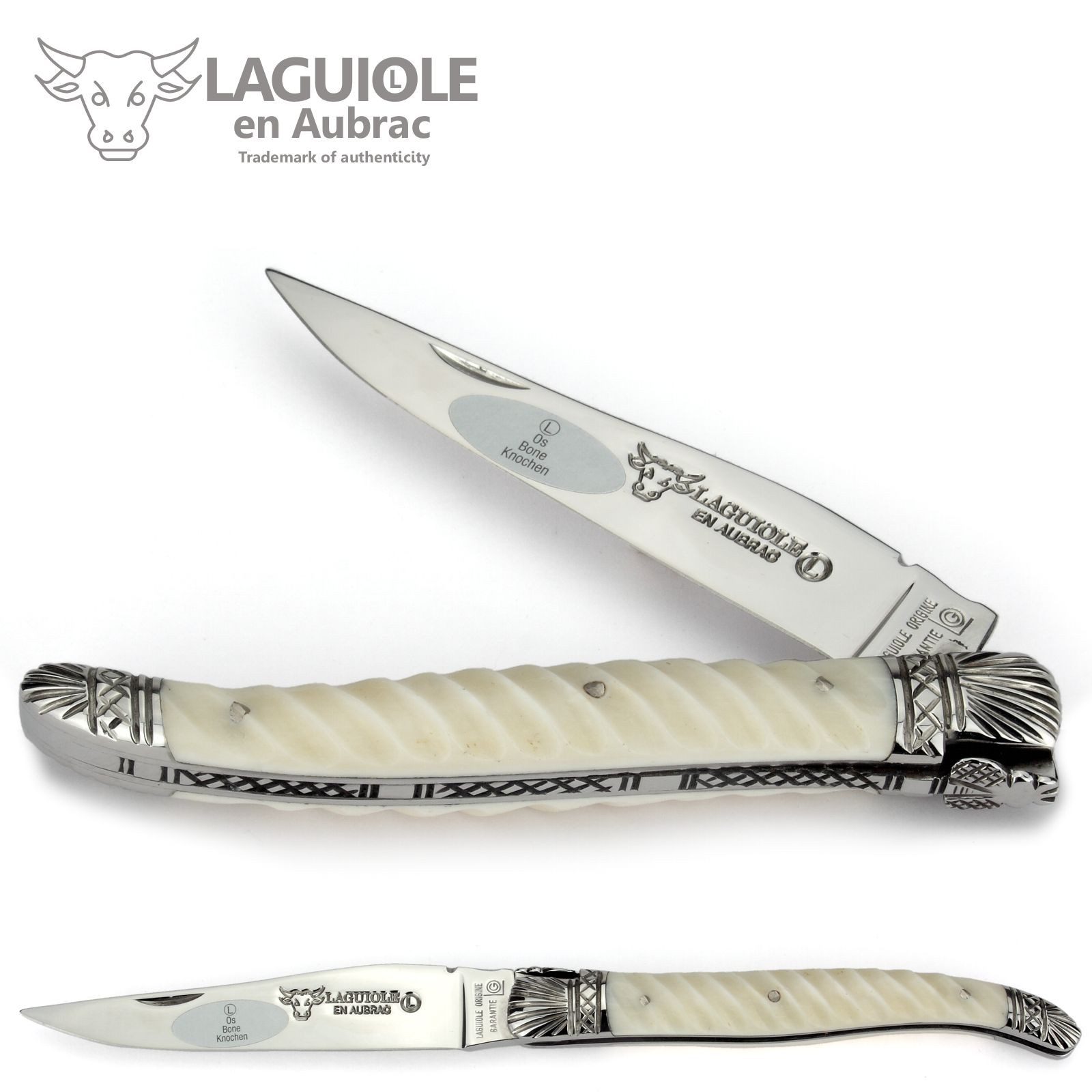 Laguiole en Aubrac Taschenmesser L0212OOO/FSI1, Jakobsmesser - Griff 12cm Knochen - Feder verziert - Stahl glänzend