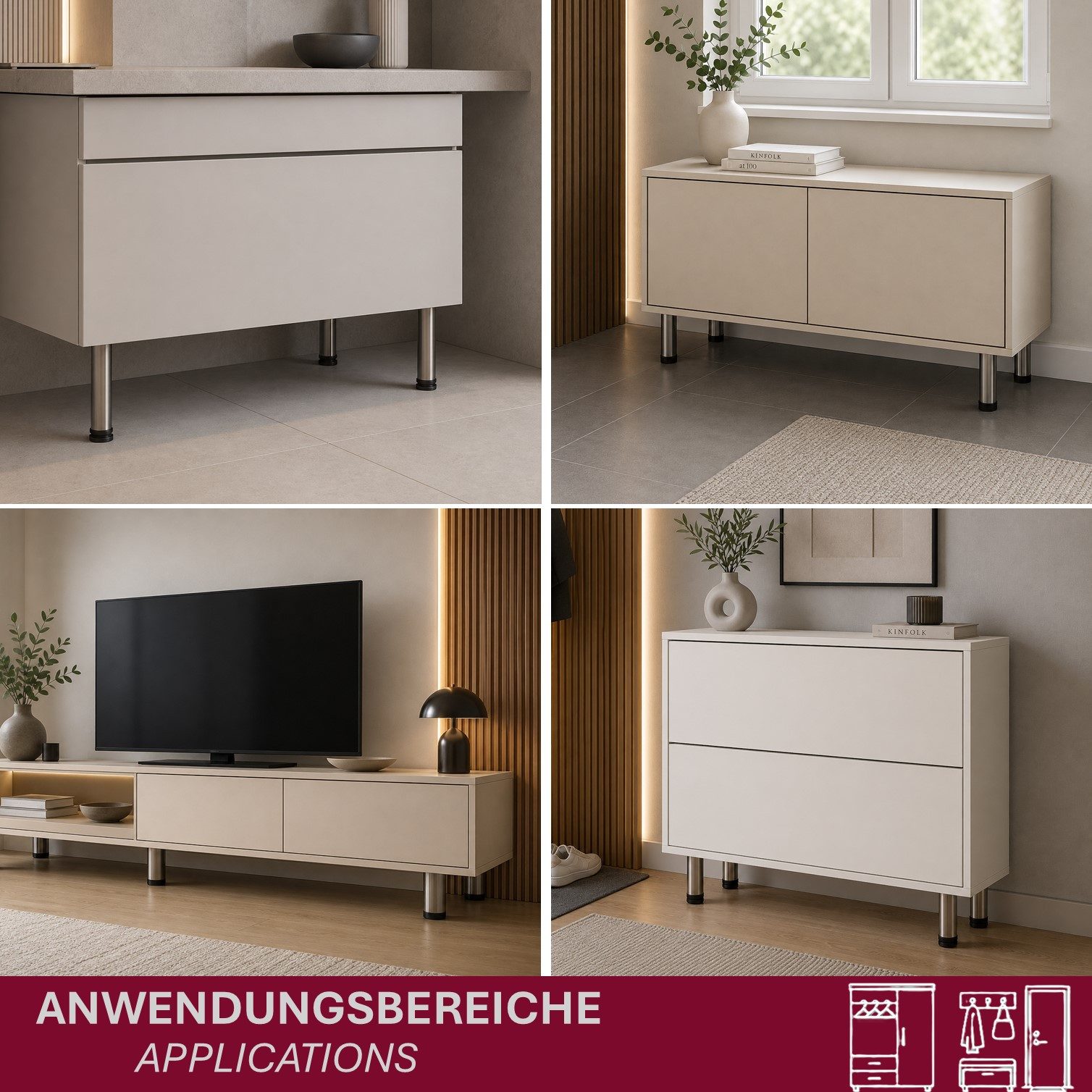 HOOZ Möbelfuß Edelstahl 80 mm höhenverstellbar 4er Set für Schrank & Kommode Ø50 mm, (Set, 4-St., 4er-Set Möbelbeine), Höhenverstellbar bis 15 mm mit integriertem Bodenschutz