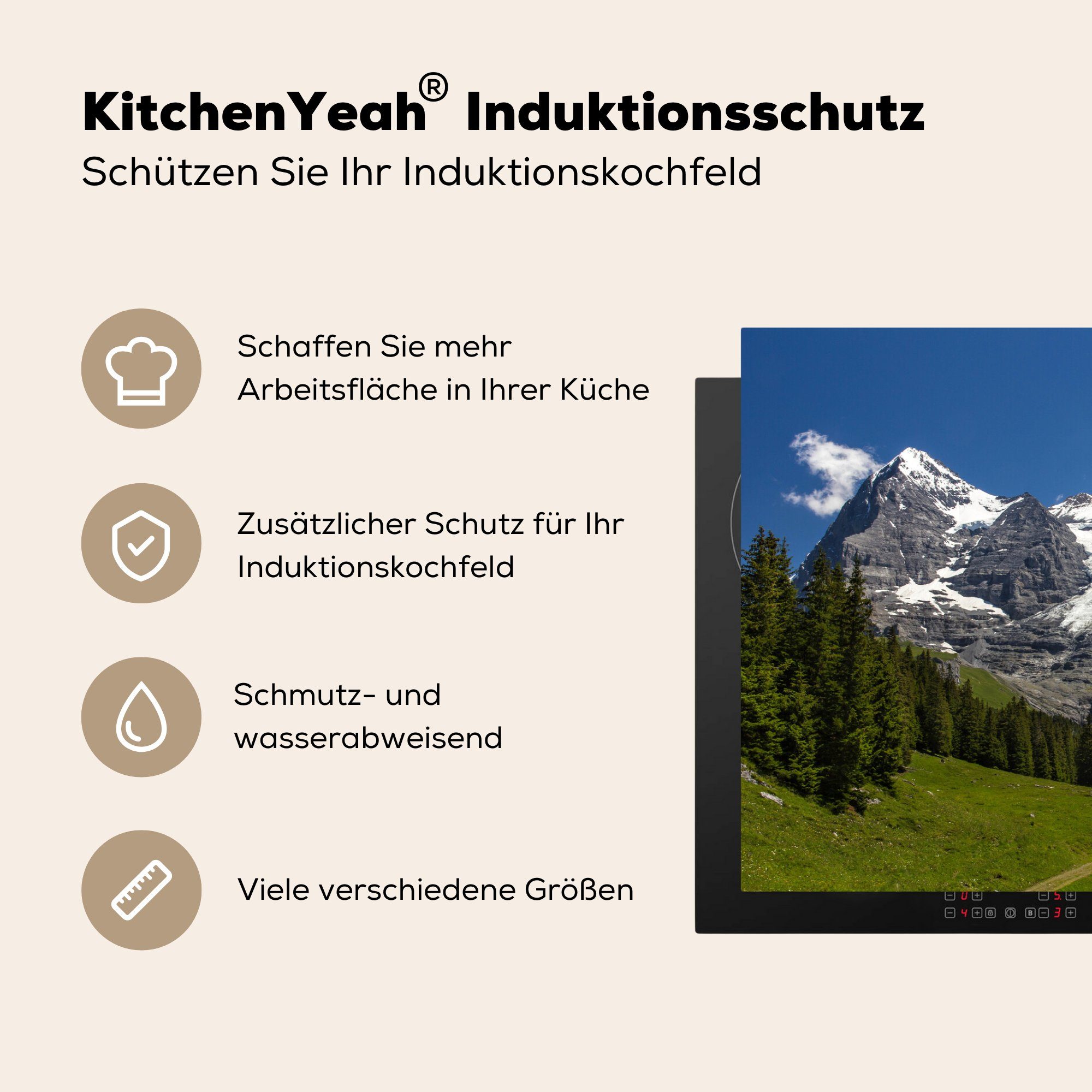 und cm, Herdblende-/Abdeckplatte Eiger küche, in die der MuchoWow Induktionskochfeld Schweiz, Schutz Vinyl, Wälder Berge Ceranfeldabdeckung Monch (1 für tlg), die 81x52 für
