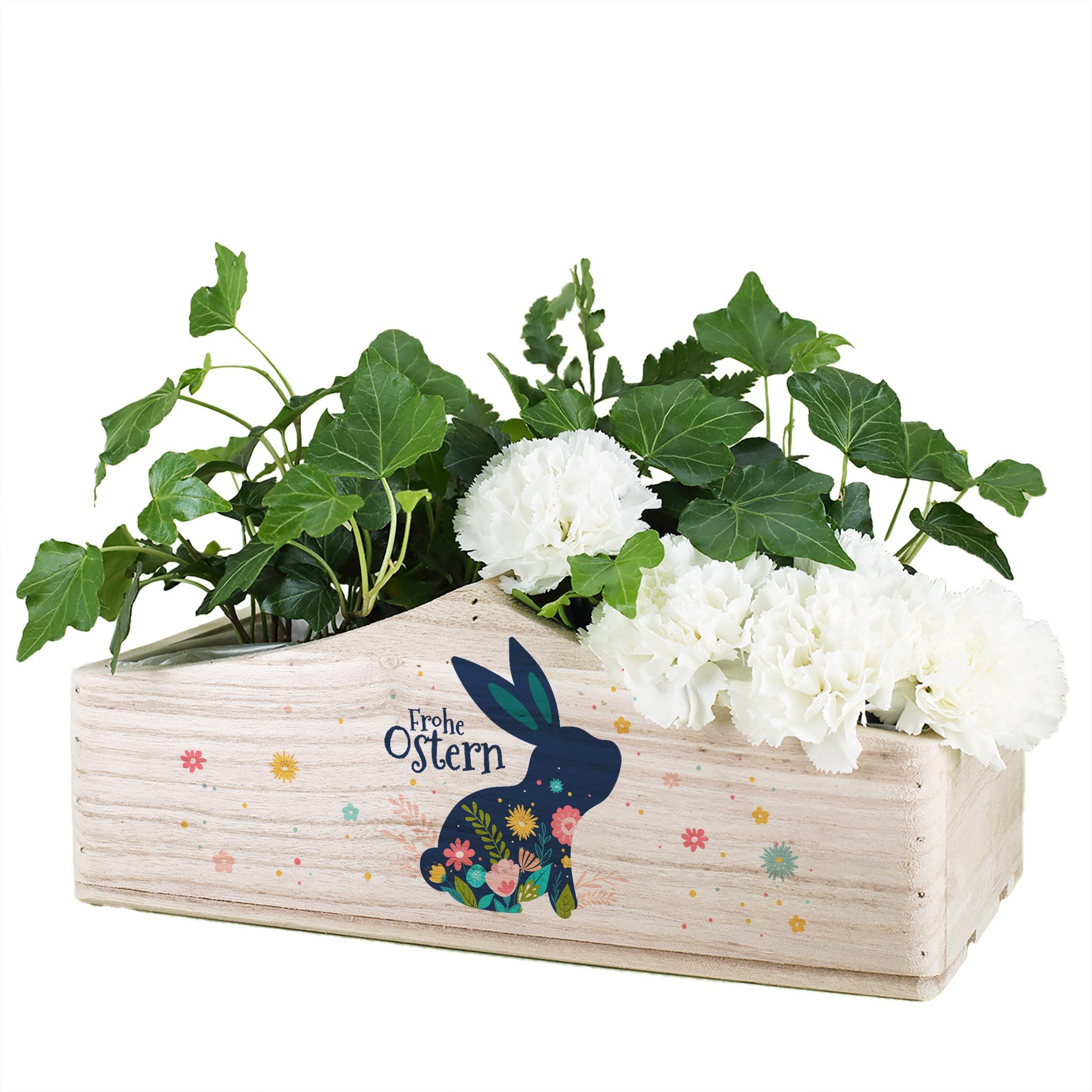 Herz & Heim Geschenkbox zu Ostern - Pflanzkorb aus Holz als Osterkorb für Ostergeschenke, 1 Griff, mit Folie ausgekleidet