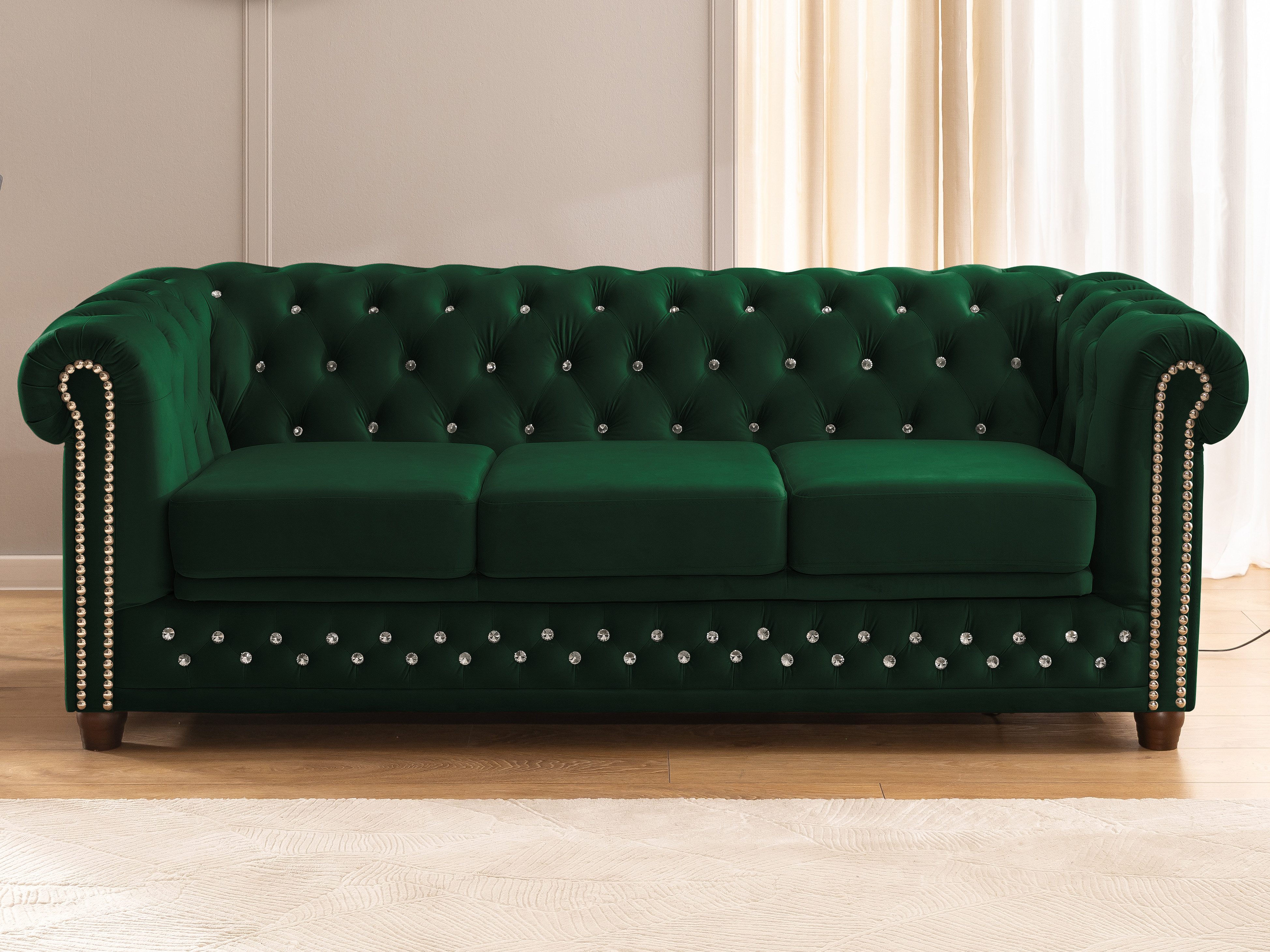 S-Style Möbel Chesterfield-Sofa 3-Sitzer mit Schlaffunktion Cleo Blink aus Samt mit Kristallsteppung, mit Wellenfederung