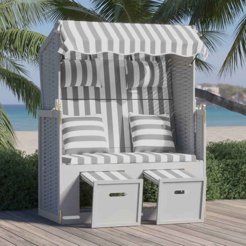 vidaXL Gartenliege Strandkorb mit Kissen Poly Rattan und Massivholz Grau & Weiß, 1 St.