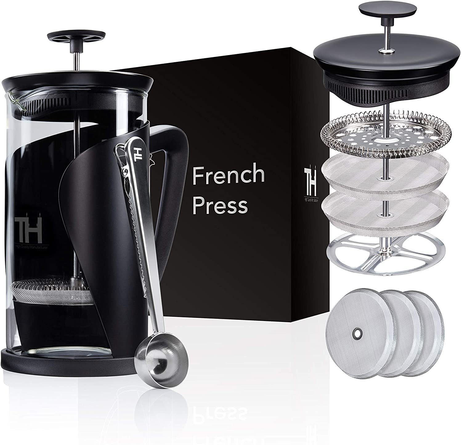 Thiru French Press Kanne Kaffeebereiter mit 4D Filtersystem, Edelstahl & Glas