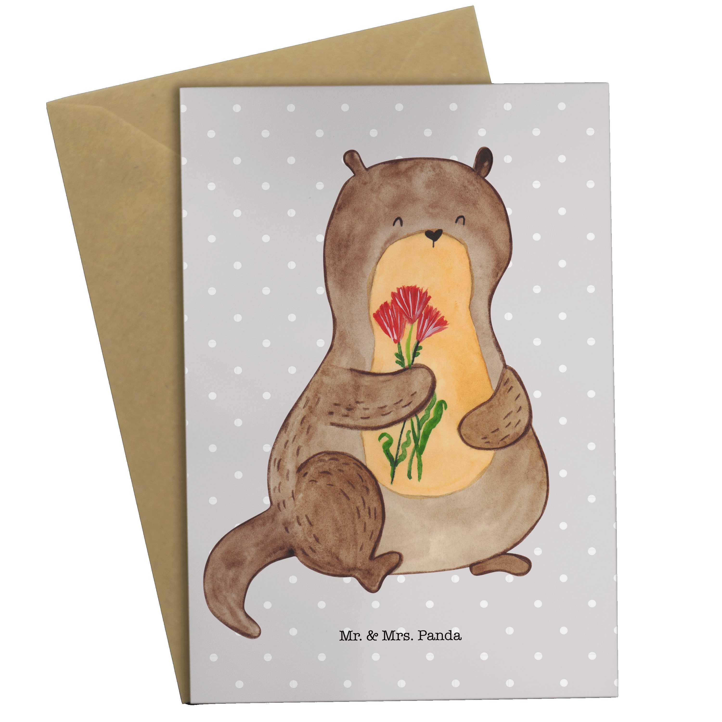 Mr. & Mrs. Panda Grußkarte Otter Blumenstrauß - Grau Pastell - Geschenk, Fischotter, Geburtstags