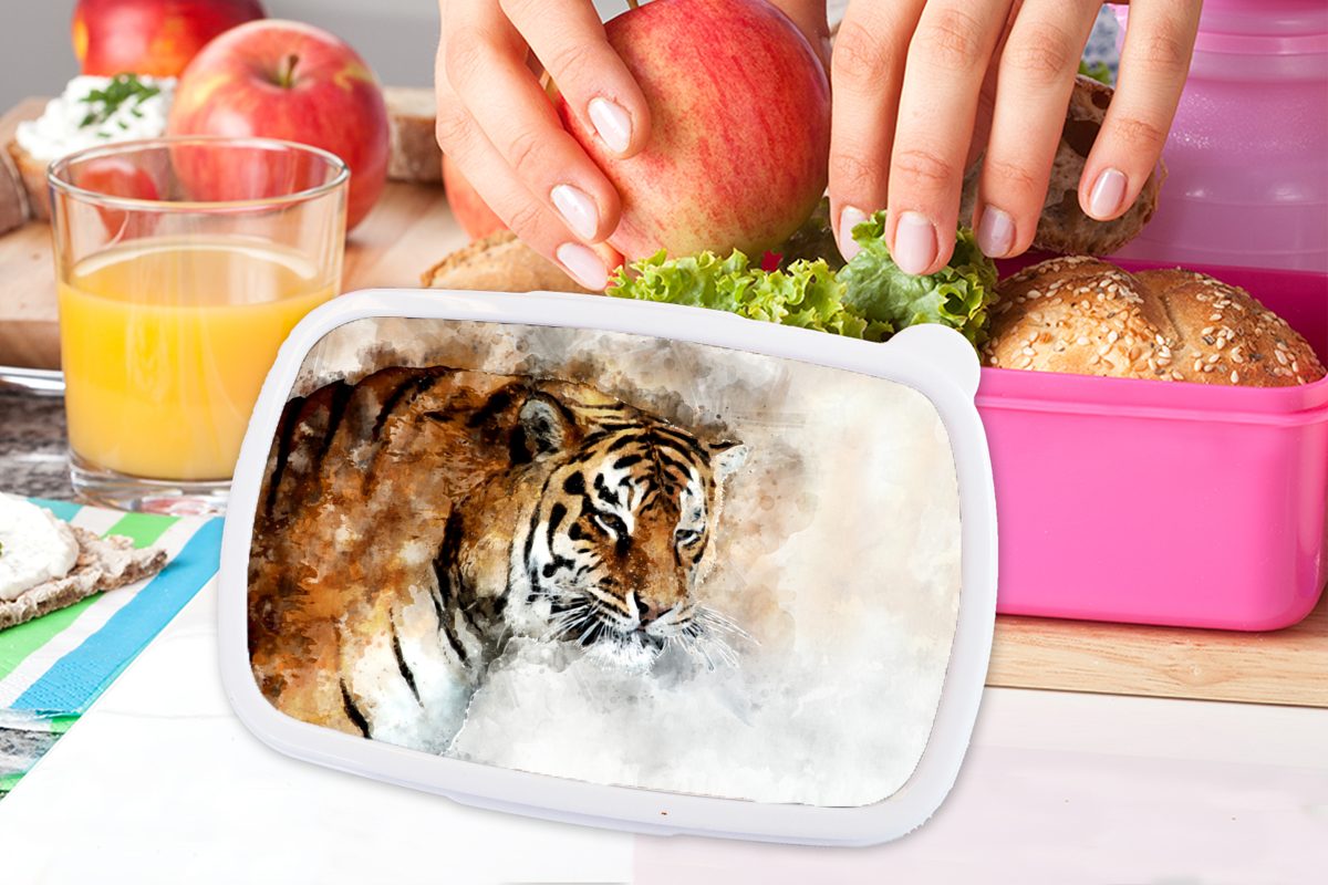 für Gemälde, Brotdose Brotbox Lunchbox Tiger rosa Kinder, - Kunststoff, Augen Mädchen, Snackbox, Kunststoff MuchoWow Erwachsene, (2-tlg), -