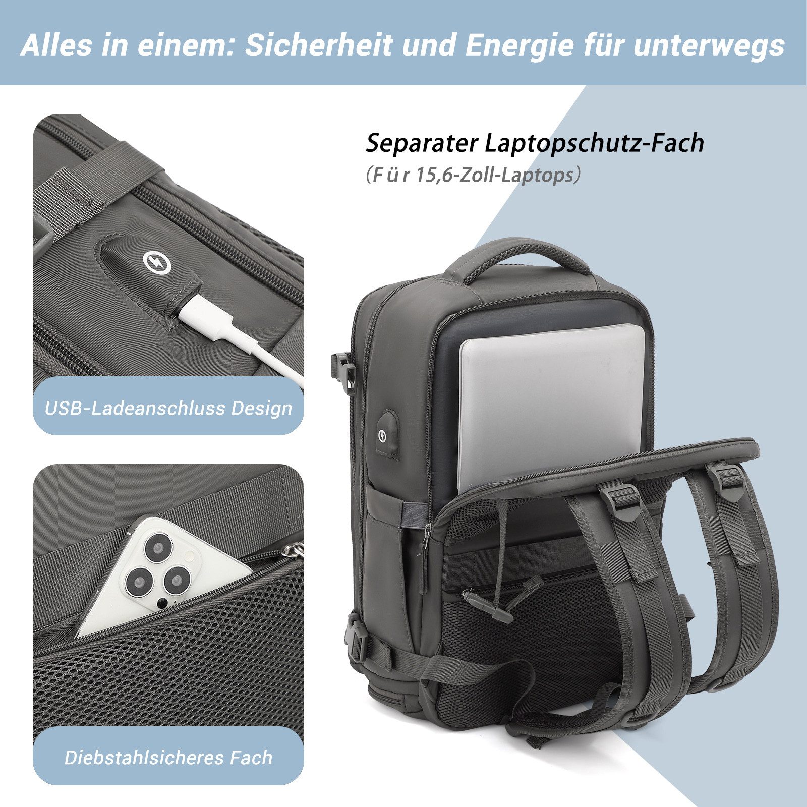 KONO Reiserucksack Handgepäck Laptop Rucksack 42x30x20,25L mit Schuhfach für Reisen&Sport – Bild 3 von 5