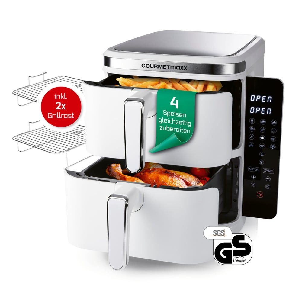 GOURMETmaxx Heißluftfritteuse FryUp Vertikaler Doppelkammer Airfryer 2x 5l, 2800 W, klappbares Touchdisplay 32% platzsparender Fassungsvermögen 10L