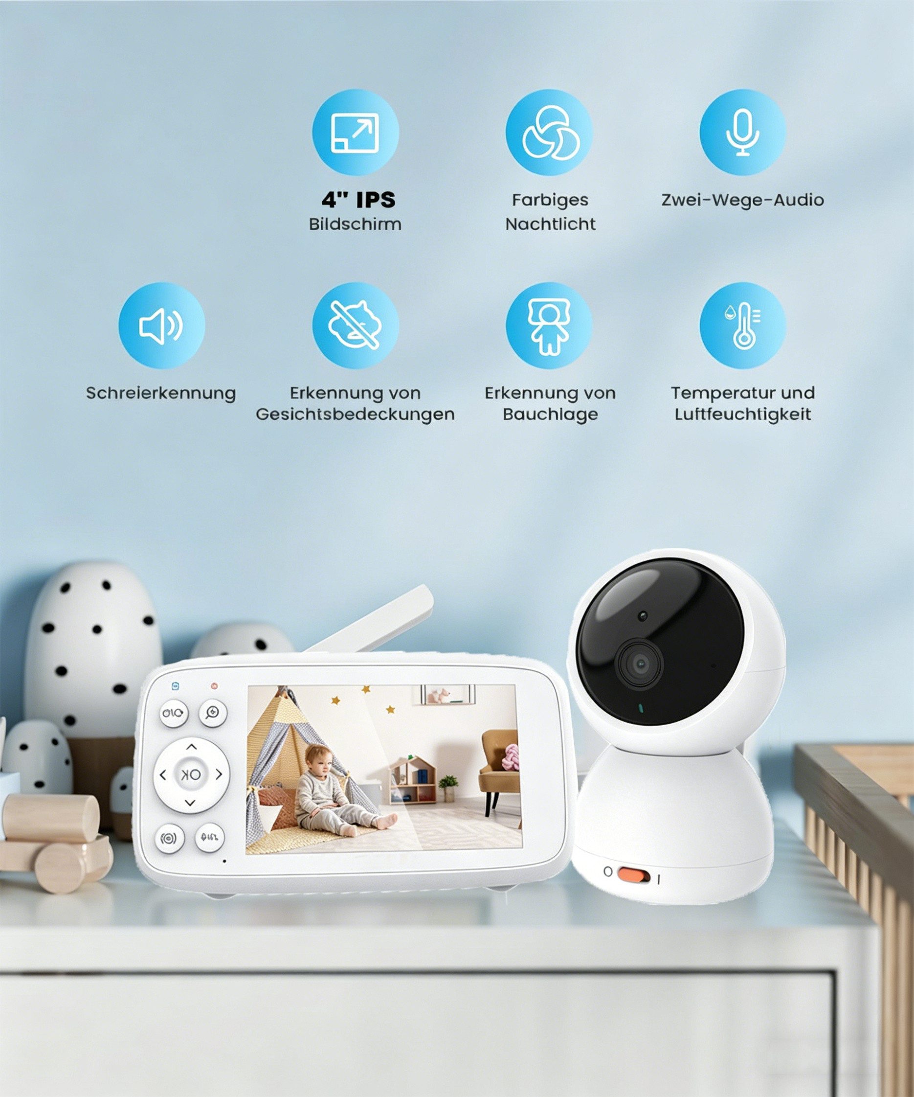 Boifun Video-Babyphone 360 Grad Babyphone mit Kamera, 4'' IPS WLAN Video Babyfon, IR Nachtsicht 17600mAh 3X Zoom 360° Ansicht Zwei-Wege-Audio Temperaturüberwachung, 1-tlg., Nachtsicht, Bereich alarme, Temperatur, Baby Kamera und APP, Unterstützt Mehrere Schlaflieder zum Aufrufen mit einem Klick