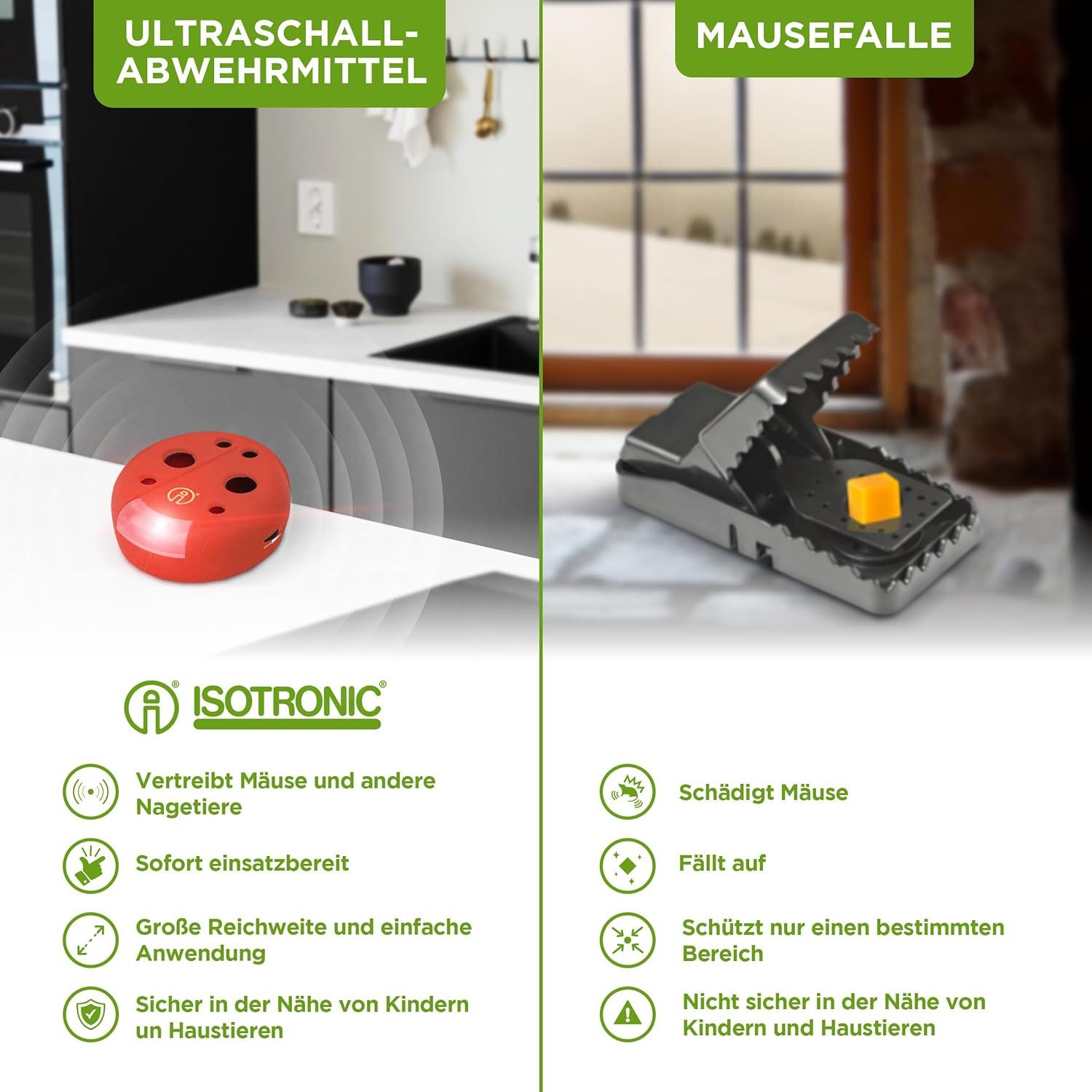 ISOTRONIC Ultraschall-Tierabwehr Mäuse-, Rattenfrei Mobil, Batterie, 1-tlg.