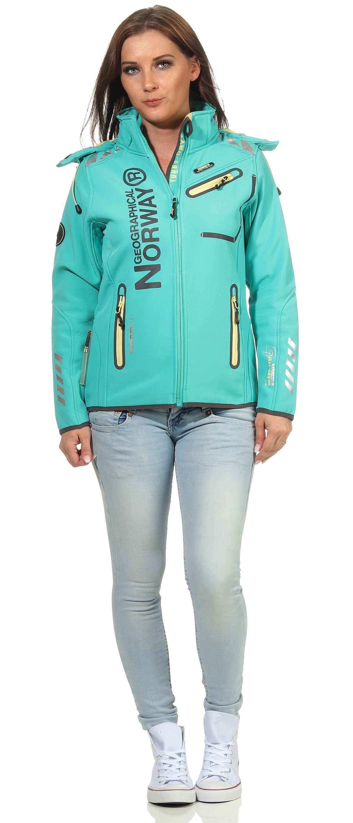 Geographical Norway Softshelljacke Damen Softshell Windbreaker Regen Outdoor Jacke in Unifarbe, mit abnehmbarer Kapuze, mit Stehkragen