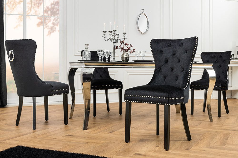 riess-ambiente Esszimmerstuhl CASTLE schwarz - Samt, Holzbeine, Komfortgriff, Ziernieten (Einzelartikel, 1 St), Barock & Chesterfield-Kombination - ideal für Küche & Esszimmer