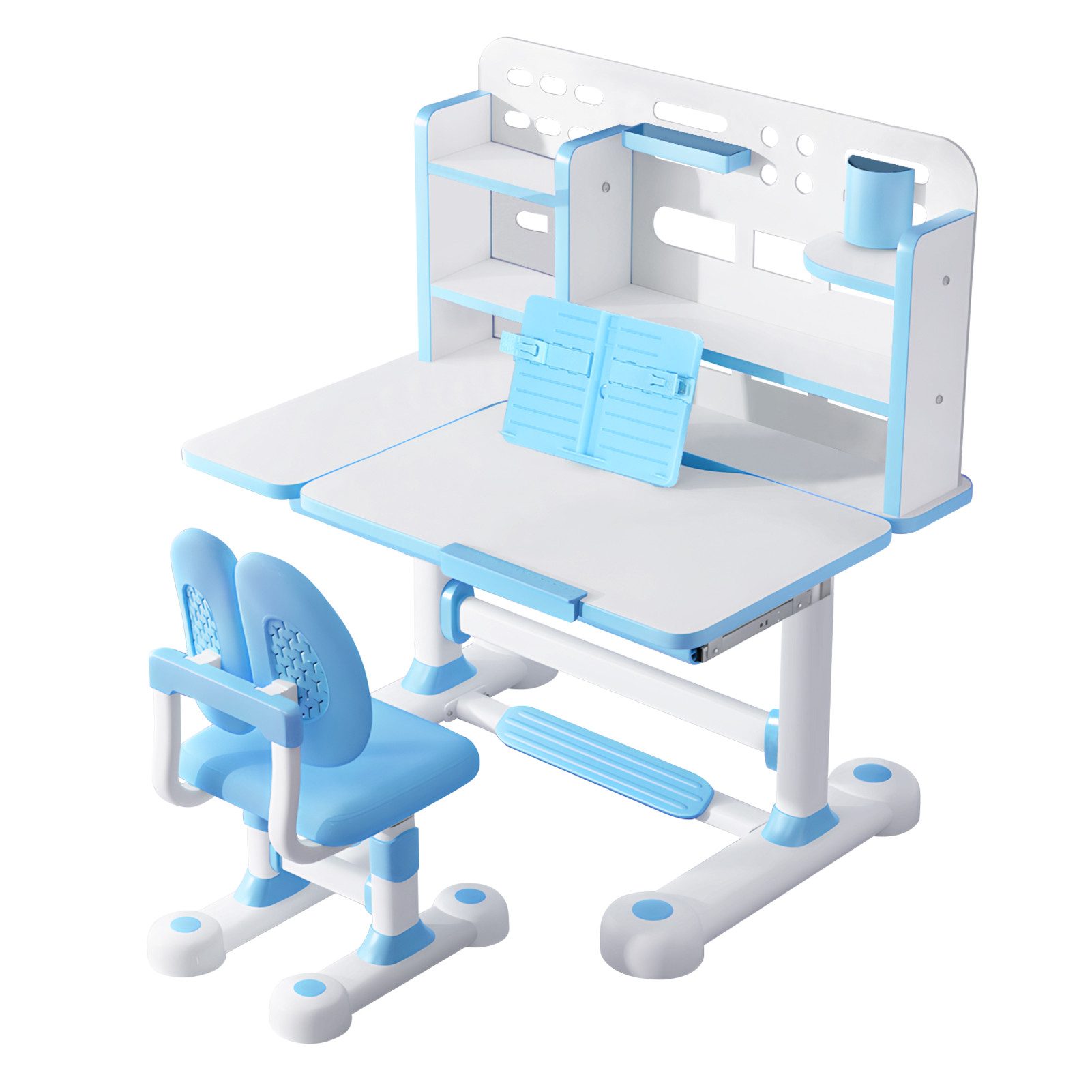 Rutaqian Kinderschreibtisch Kinder-Schreibtisch- und Stuhl-Set,Höhenverstellbar mit Sitzkorrektur (Multifunktionsschreibtisch mit Leseständer,Schublade,Rucksackhaken, 1-St., Ergonomischer Schreibtisch-Stuhl Set,Zonenförmig gestalteter Stauraum), Verstellbarer Schreibplatte, Kinder Schreibtisch für Jungs & Mädchen