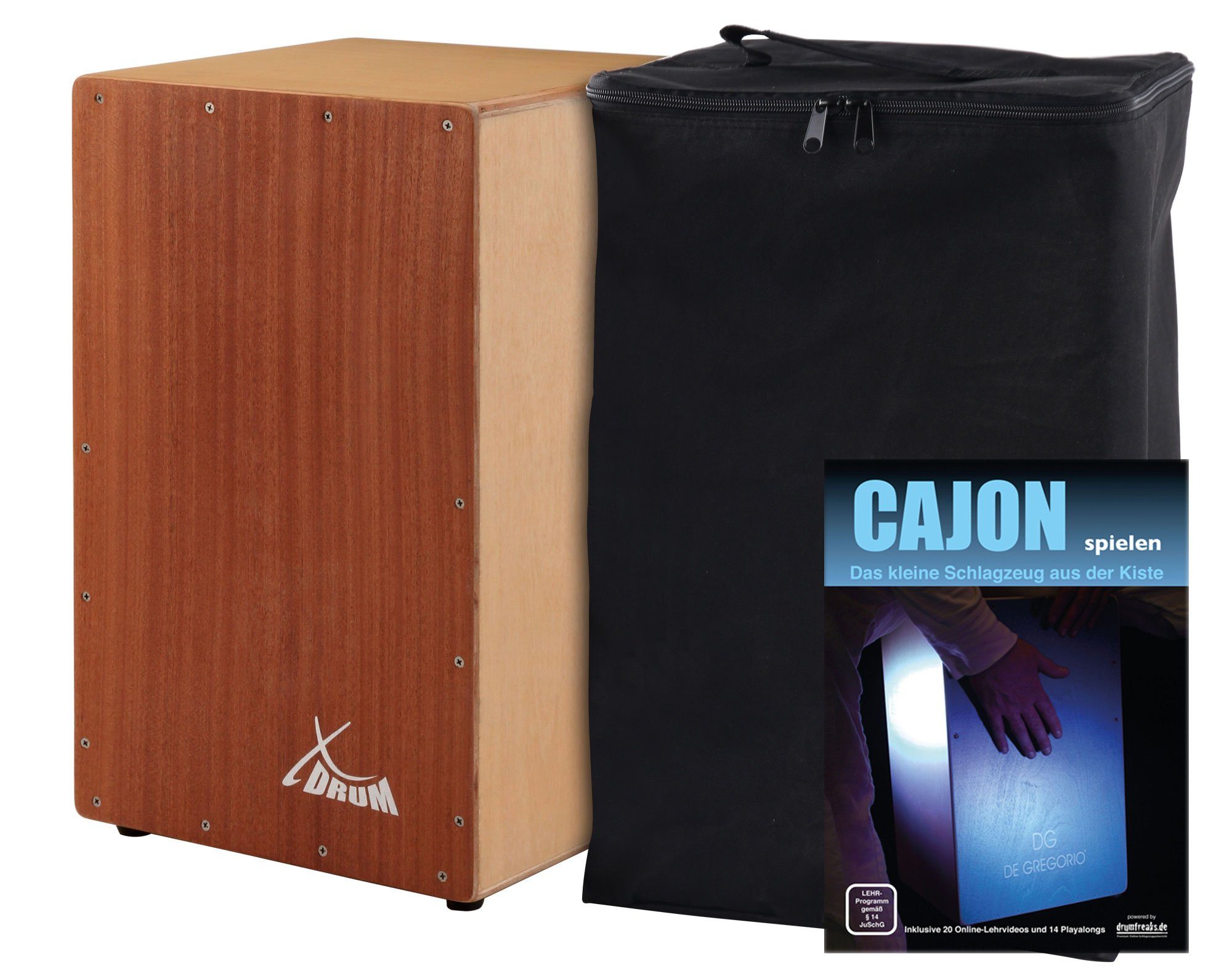XDrum Cajon Primero - Kistentrommel, inkl. Rucksacktasche & Кахоныchule, Trommelkiste mit Snare Sound